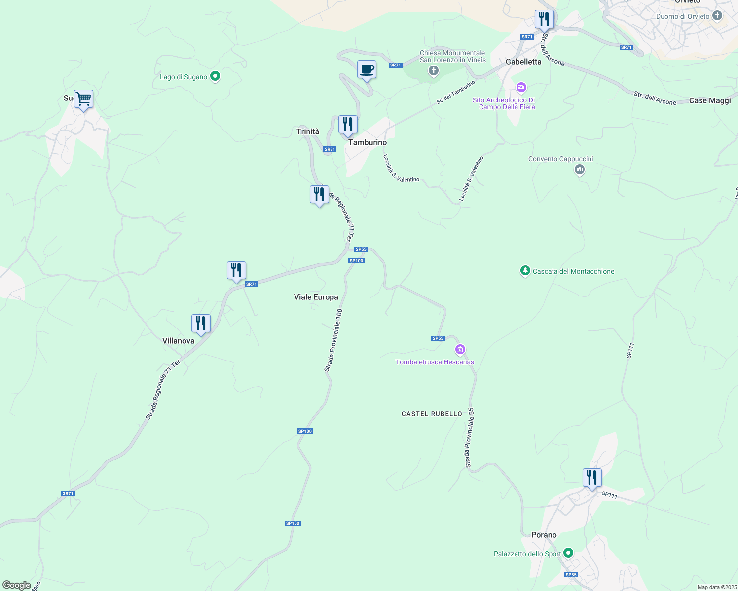 map of restaurants, bars, coffee shops, grocery stores, and more near Strada Provinciale 55 in Porano
