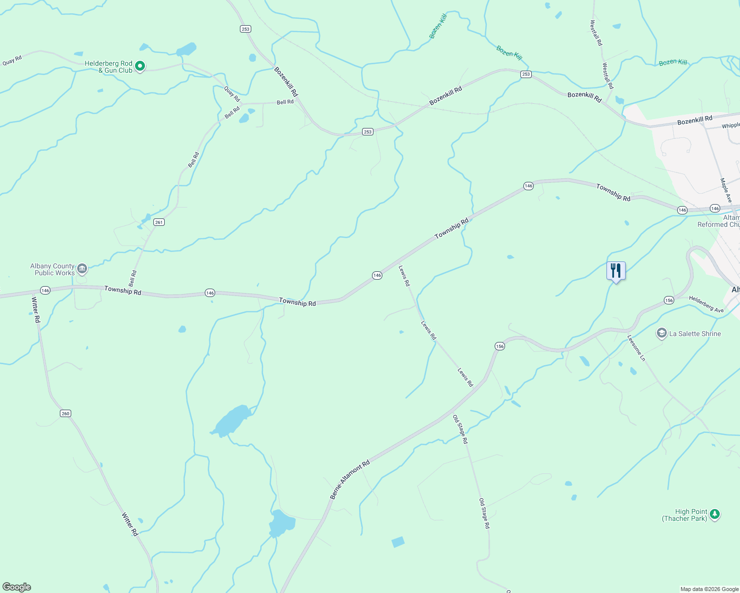 map of restaurants, bars, coffee shops, grocery stores, and more near 1027 Township Road in Altamont