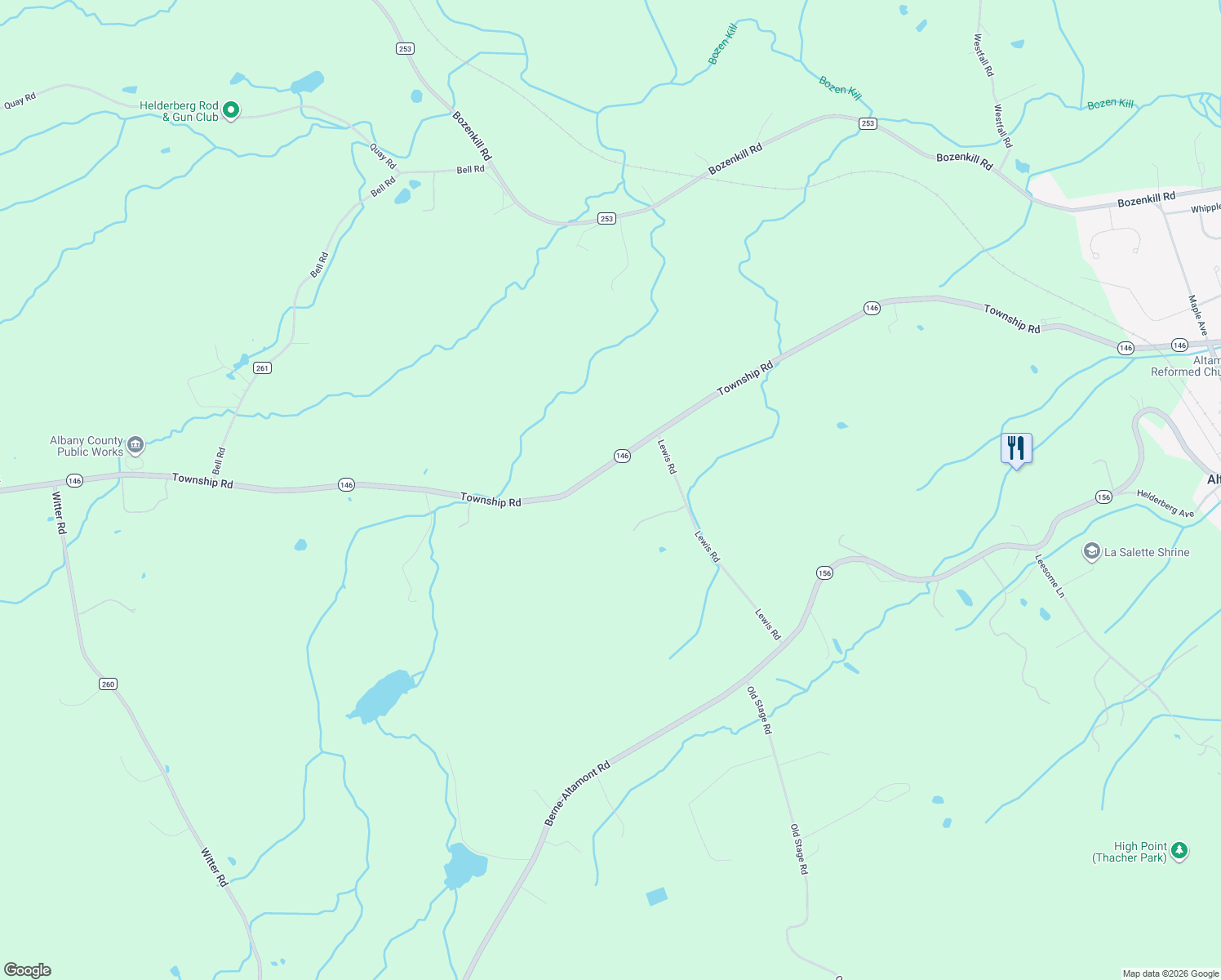 map of restaurants, bars, coffee shops, grocery stores, and more near 1027 Township Road in Altamont
