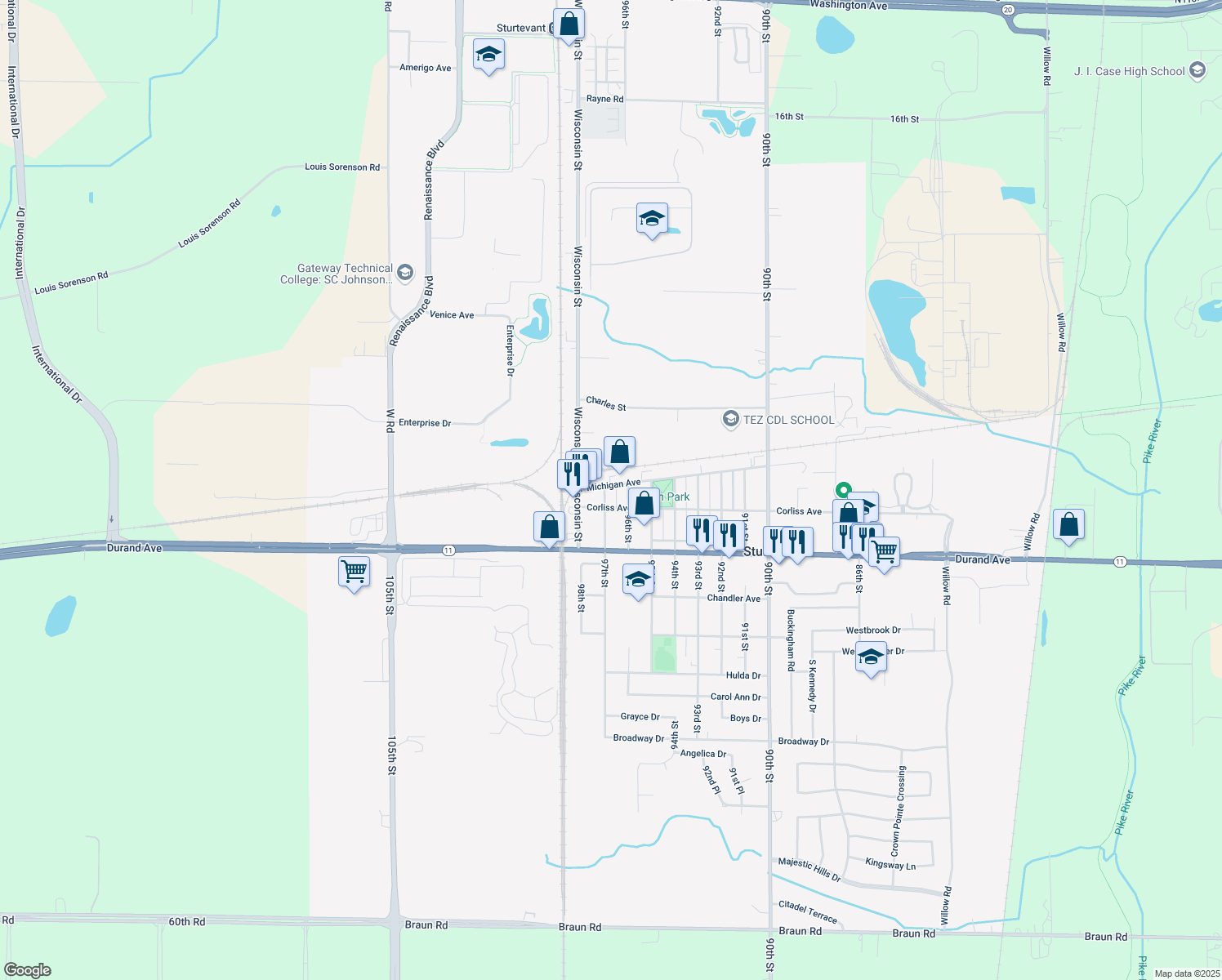 map of restaurants, bars, coffee shops, grocery stores, and more near 2835 97th St in Sturtevant