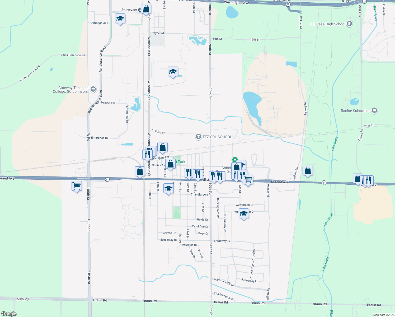 map of restaurants, bars, coffee shops, grocery stores, and more near 2823 92nd Street in Sturtevant