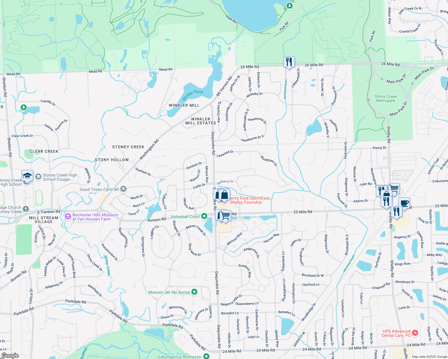 map of restaurants, bars, coffee shops, grocery stores, and more near 2060 Barberry Drive in Shelby Township