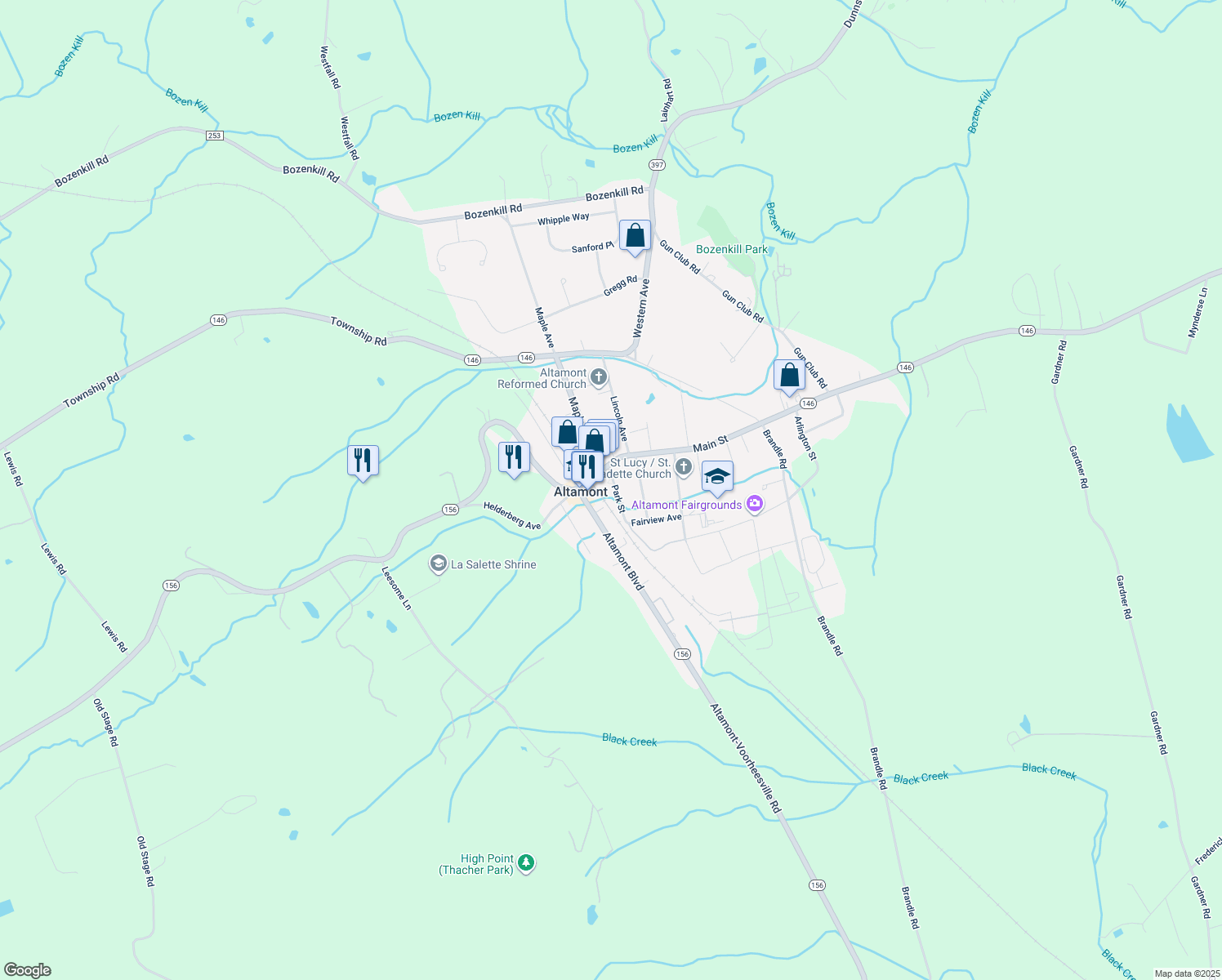 map of restaurants, bars, coffee shops, grocery stores, and more near 108 Park Street in Altamont