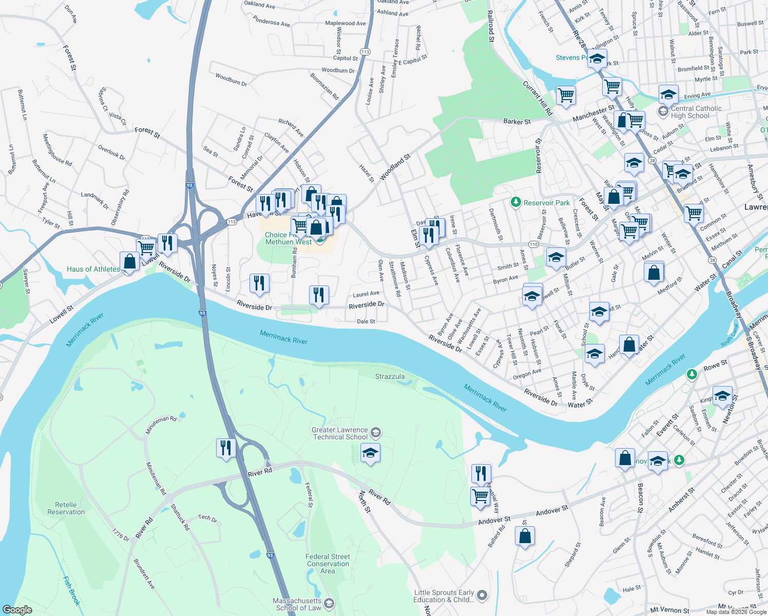 map of restaurants, bars, coffee shops, grocery stores, and more near 7 Barry Avenue in Methuen