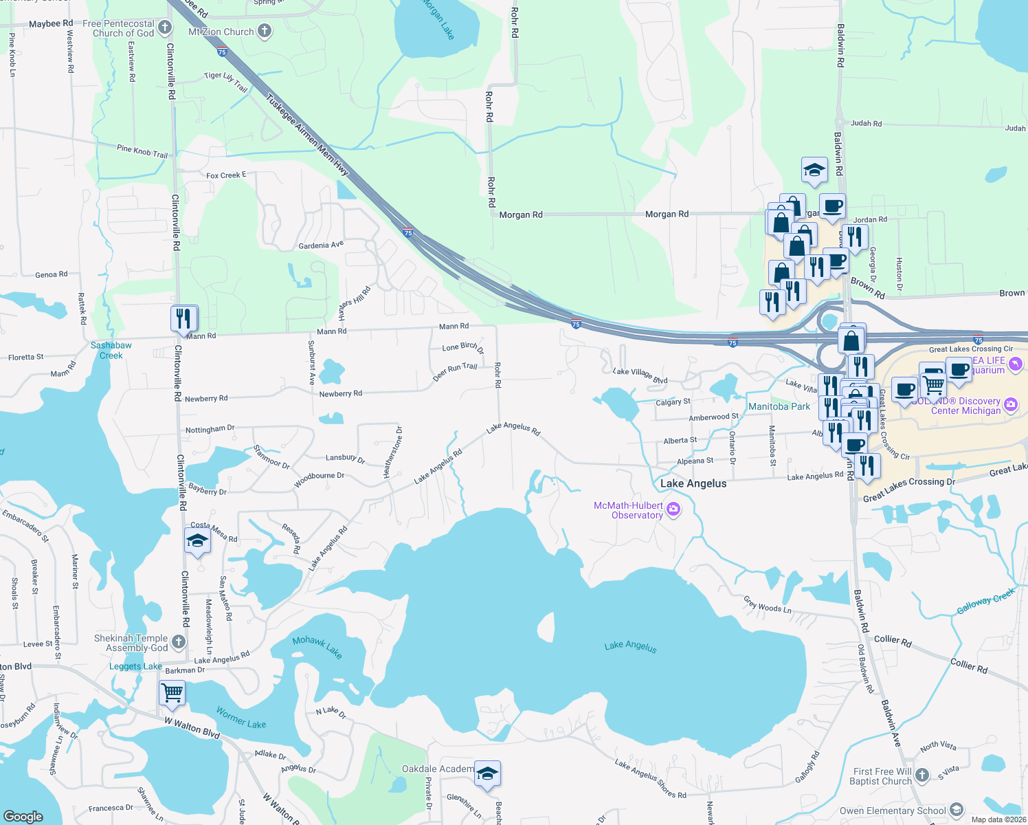 map of restaurants, bars, coffee shops, grocery stores, and more near 1360 North Lake Angelus Road in Auburn Hills