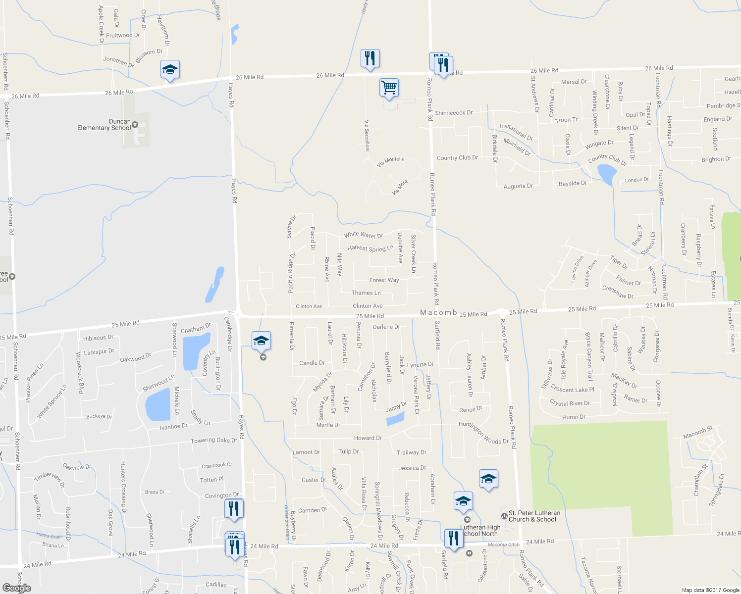 map of restaurants, bars, coffee shops, grocery stores, and more near 16130 Thames Lane in Macomb