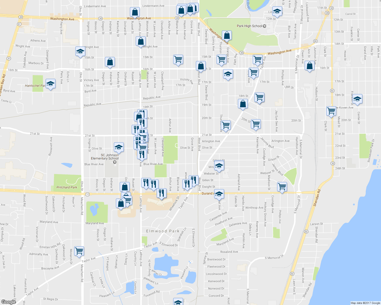 map of restaurants, bars, coffee shops, grocery stores, and more near 2318 Grove Ave in Racine