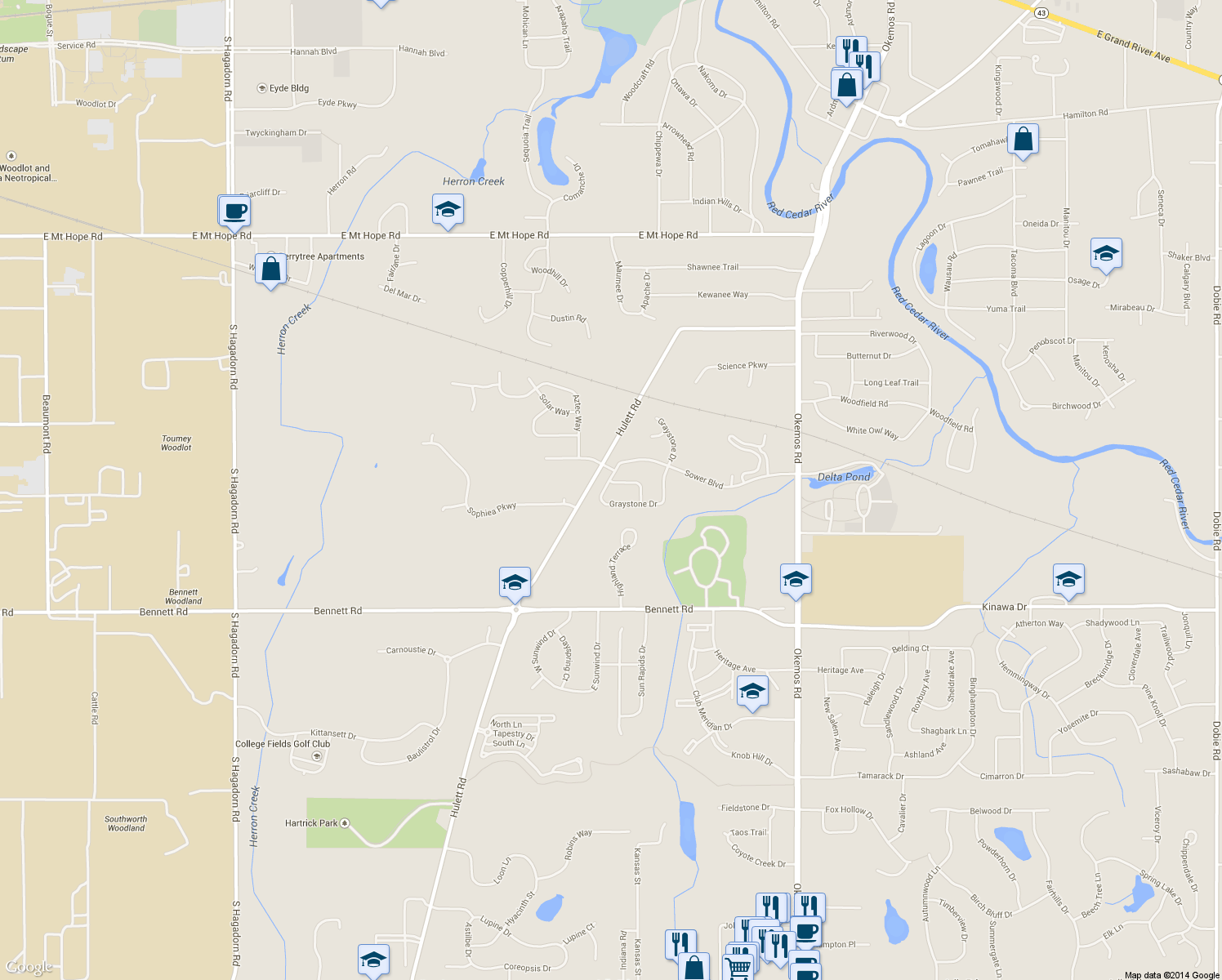 map of restaurants, bars, coffee shops, grocery stores, and more near 2435 Seville Drive in Meridian Charter Township