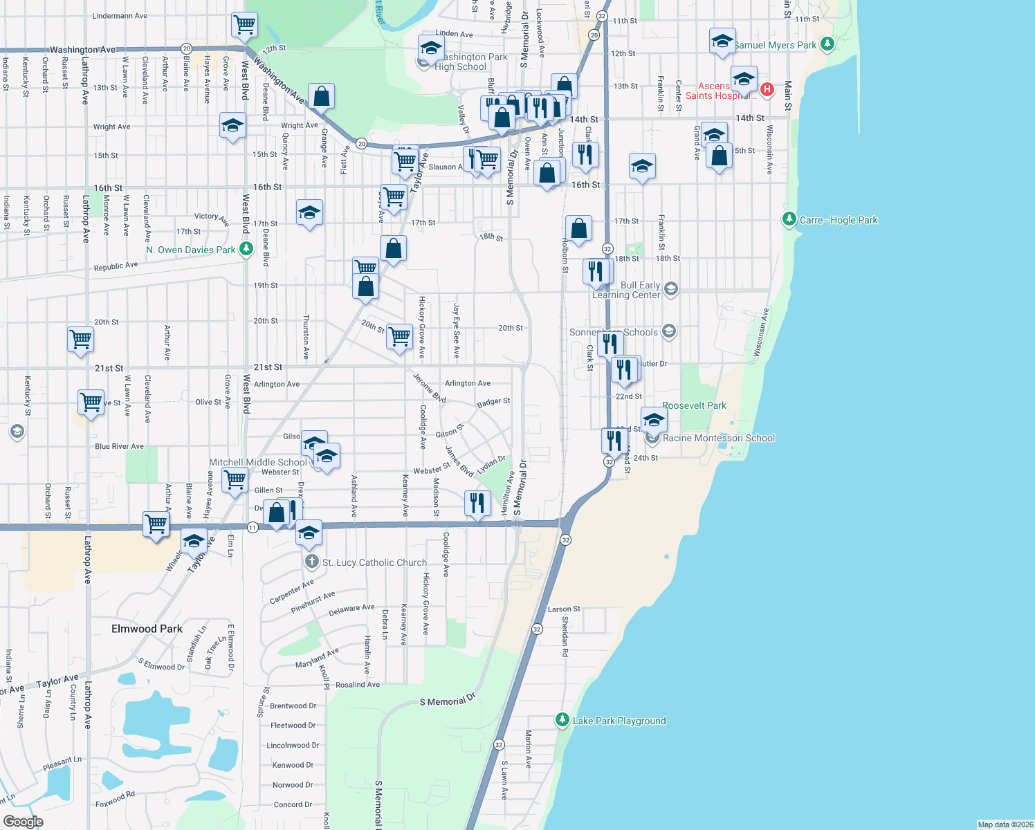 map of restaurants, bars, coffee shops, grocery stores, and more near 2321 Hamilton Avenue in Racine