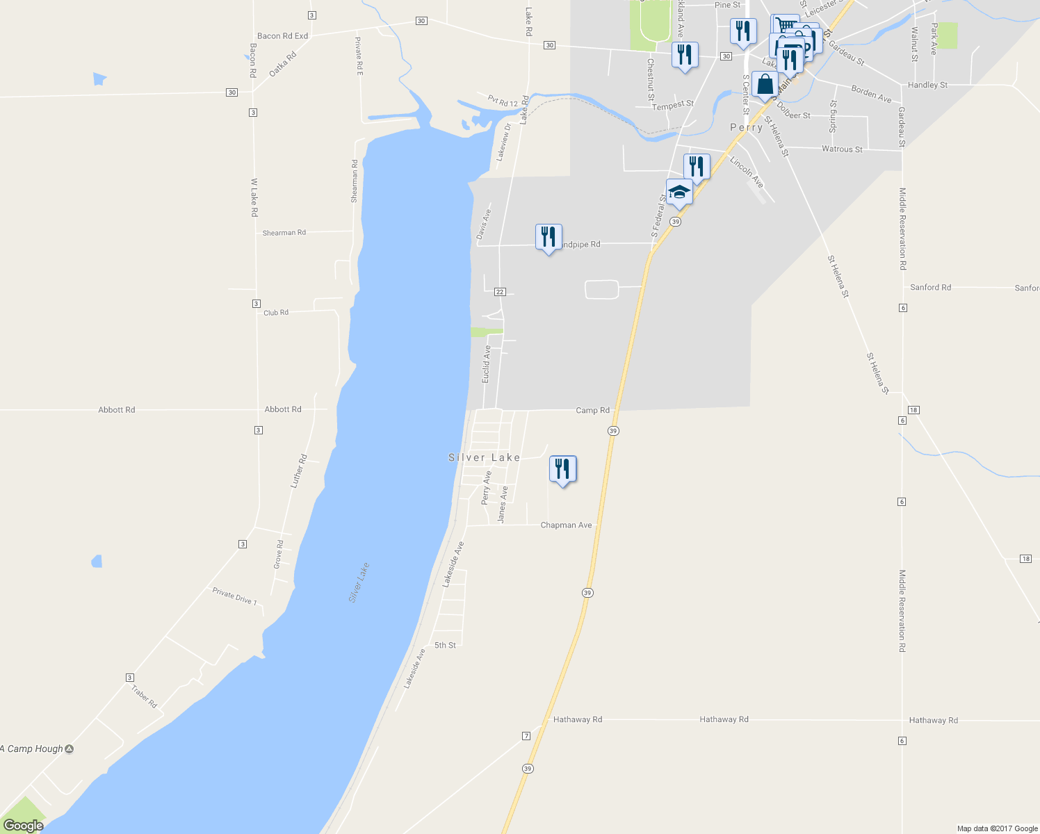 map of restaurants, bars, coffee shops, grocery stores, and more near 6994 Camp Road in Perry