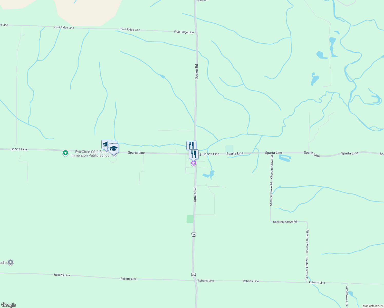 map of restaurants, bars, coffee shops, grocery stores, and more near 46342 Sparta Line in Sparta