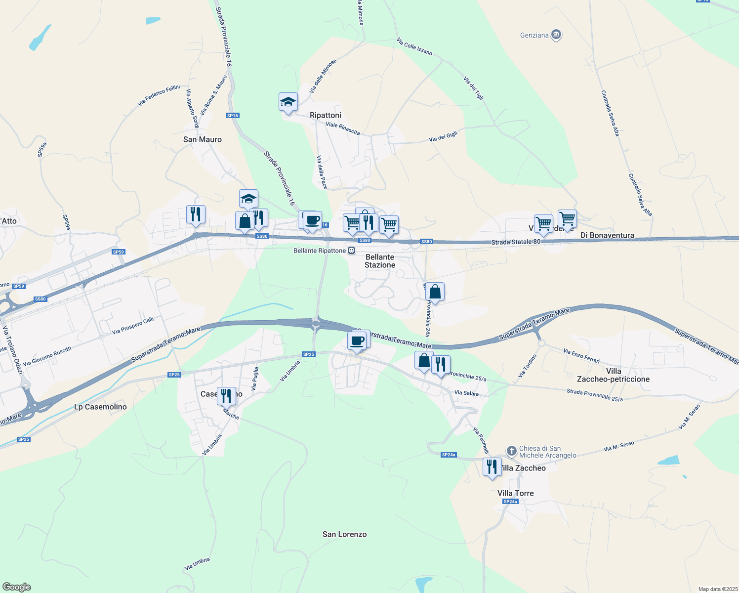 map of restaurants, bars, coffee shops, grocery stores, and more near 741 Via G. Amendola in Bellante Stazione