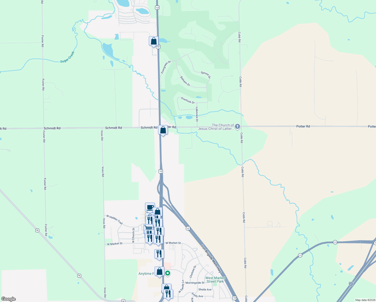 map of restaurants, bars, coffee shops, grocery stores, and more near N5827 Oak Creek Dr in Elkhorn