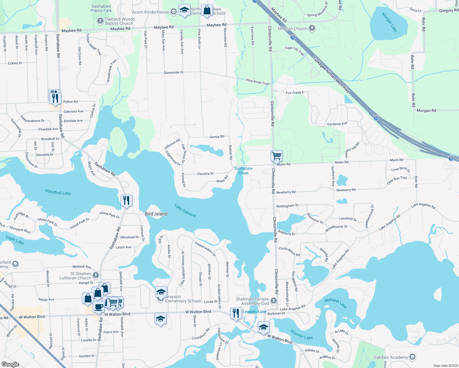 map of restaurants, bars, coffee shops, grocery stores, and more near 3369 Mann Rd in Clarkston