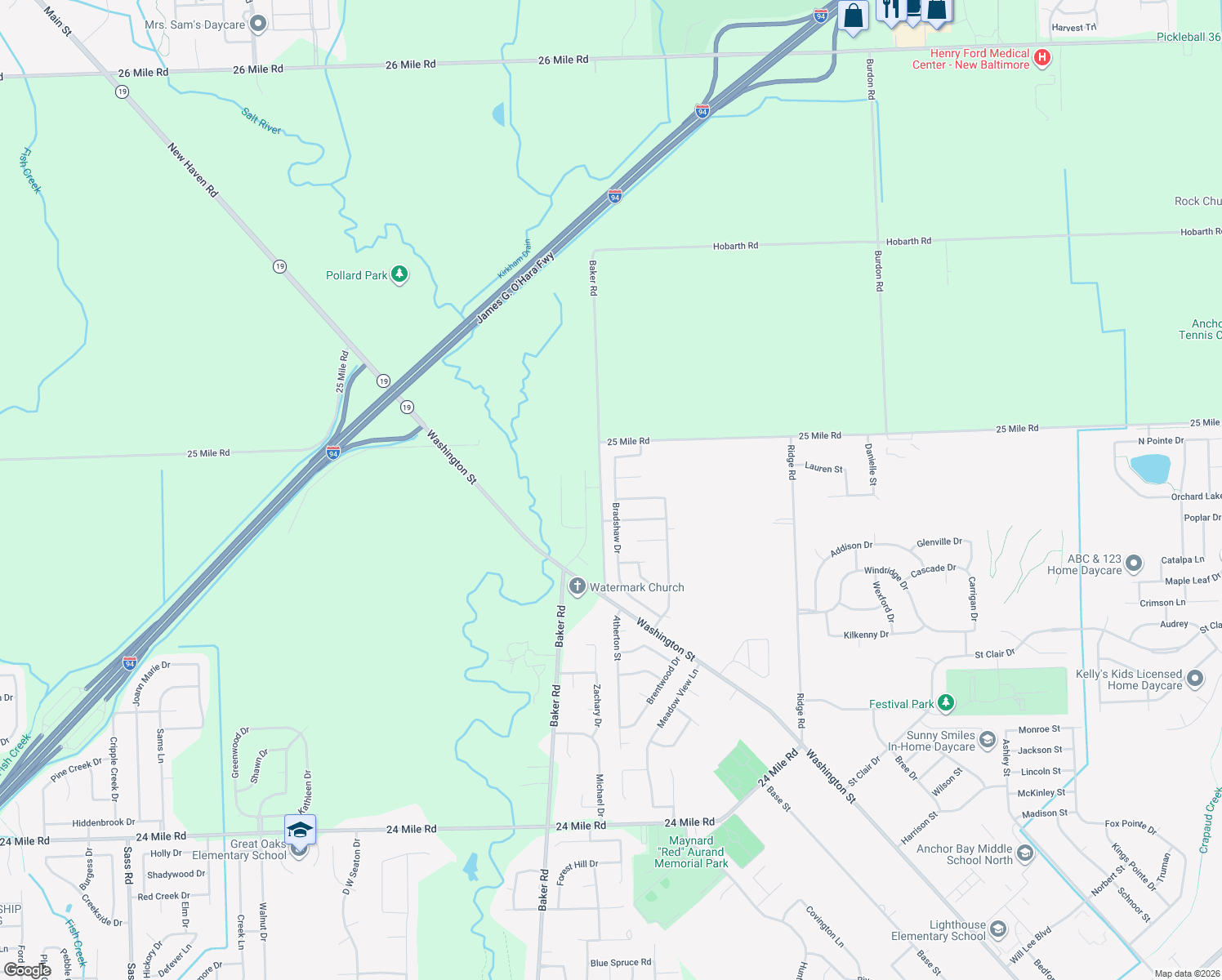 map of restaurants, bars, coffee shops, grocery stores, and more near 54751 Bradshaw Drive in New Baltimore