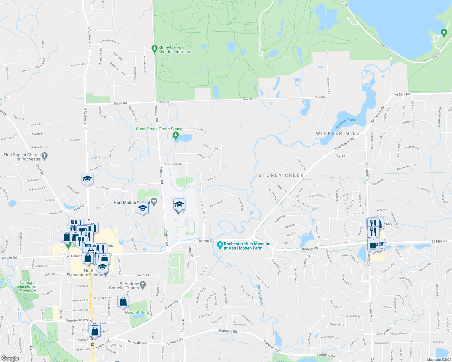 map of restaurants, bars, coffee shops, grocery stores, and more near 841 Quarry Drive in Rochester Hills