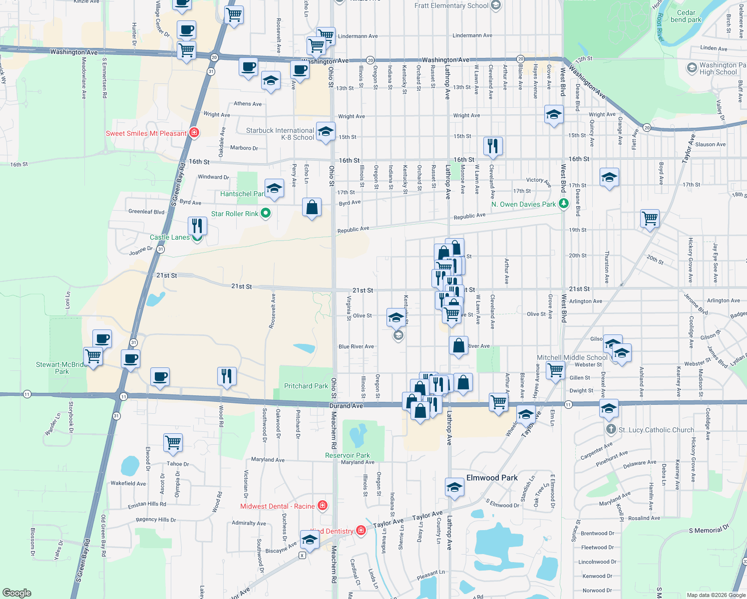 map of restaurants, bars, coffee shops, grocery stores, and more near 2116 Oregon St in Racine