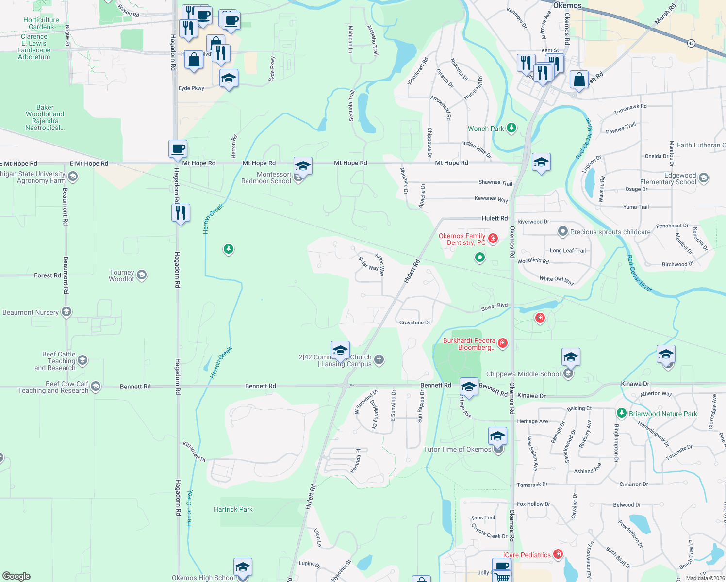 map of restaurants, bars, coffee shops, grocery stores, and more near 2562 Capeside Drive in Meridian Charter Township