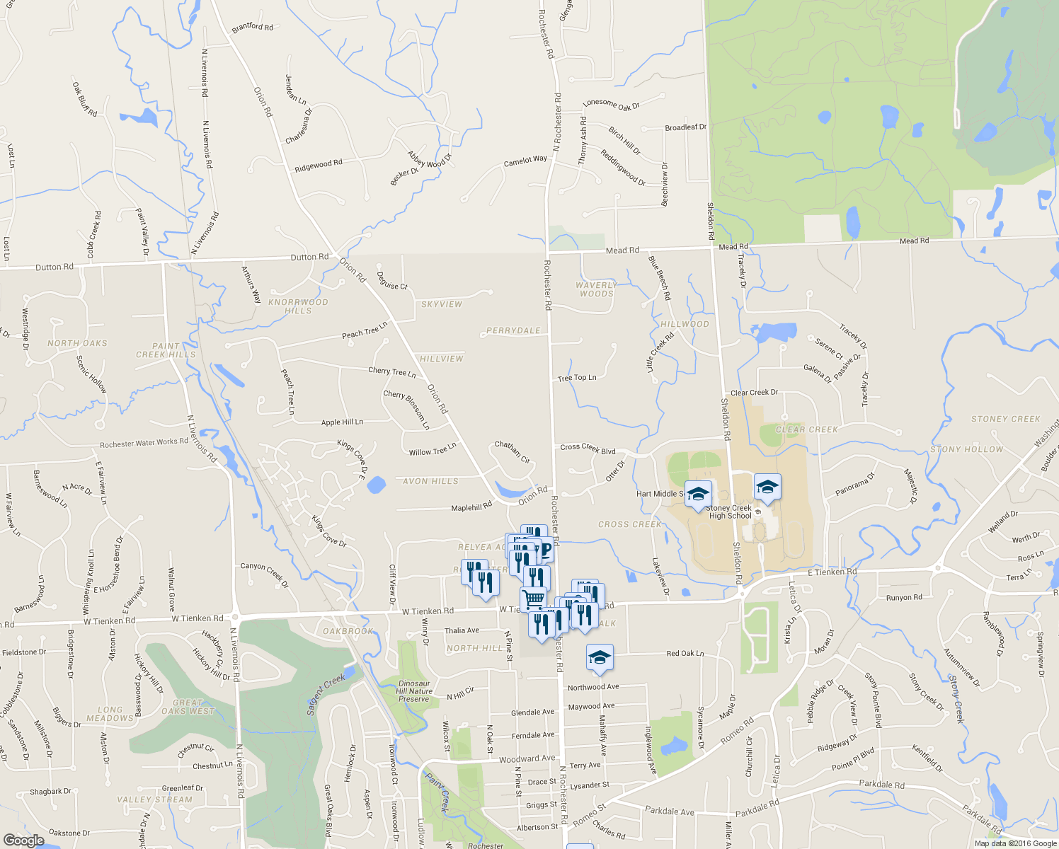 map of restaurants, bars, coffee shops, grocery stores, and more near 6400 N Rochester Rd in Rochester Hills