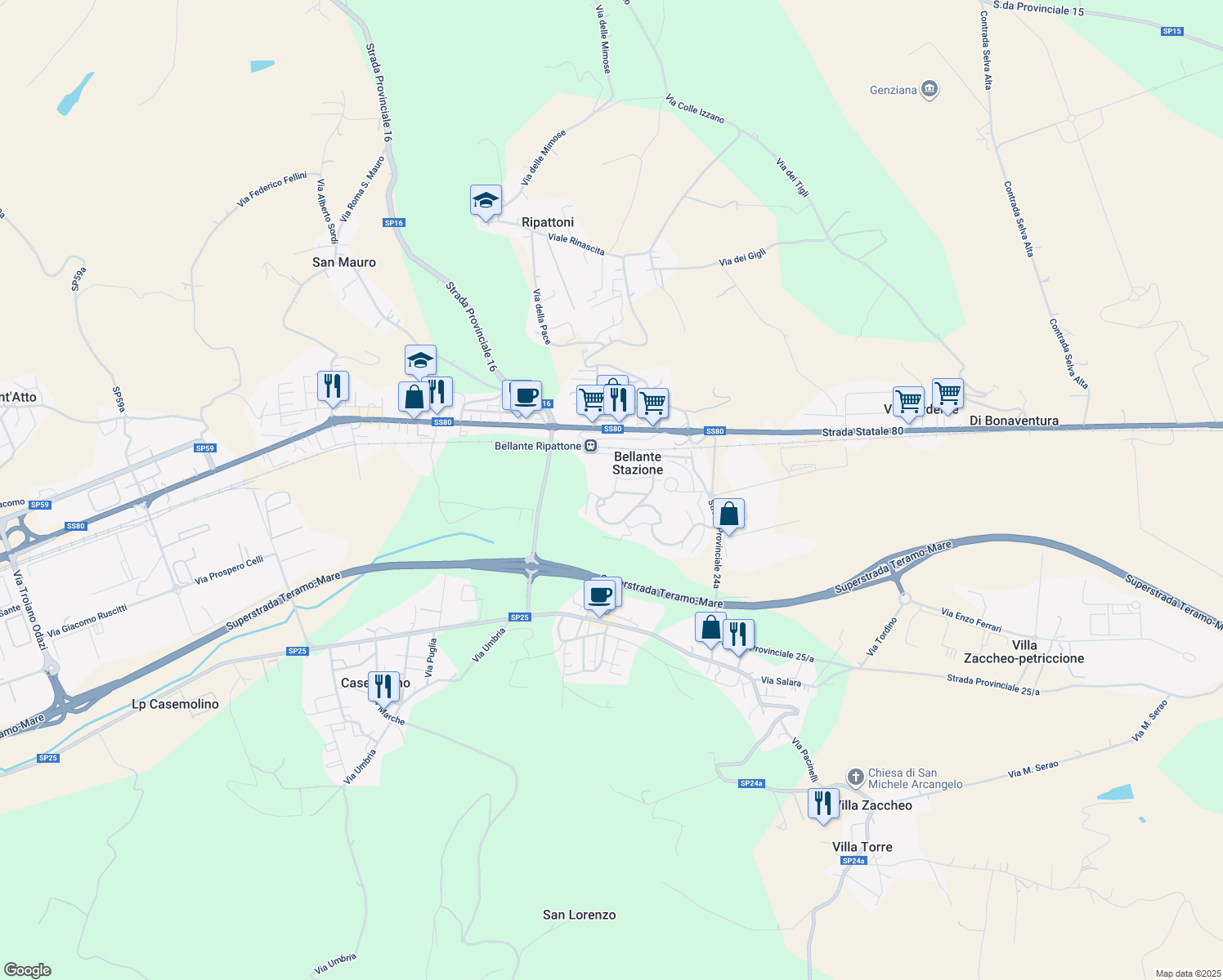 map of restaurants, bars, coffee shops, grocery stores, and more near 741 Via G. Amendola in Bellante Stazione