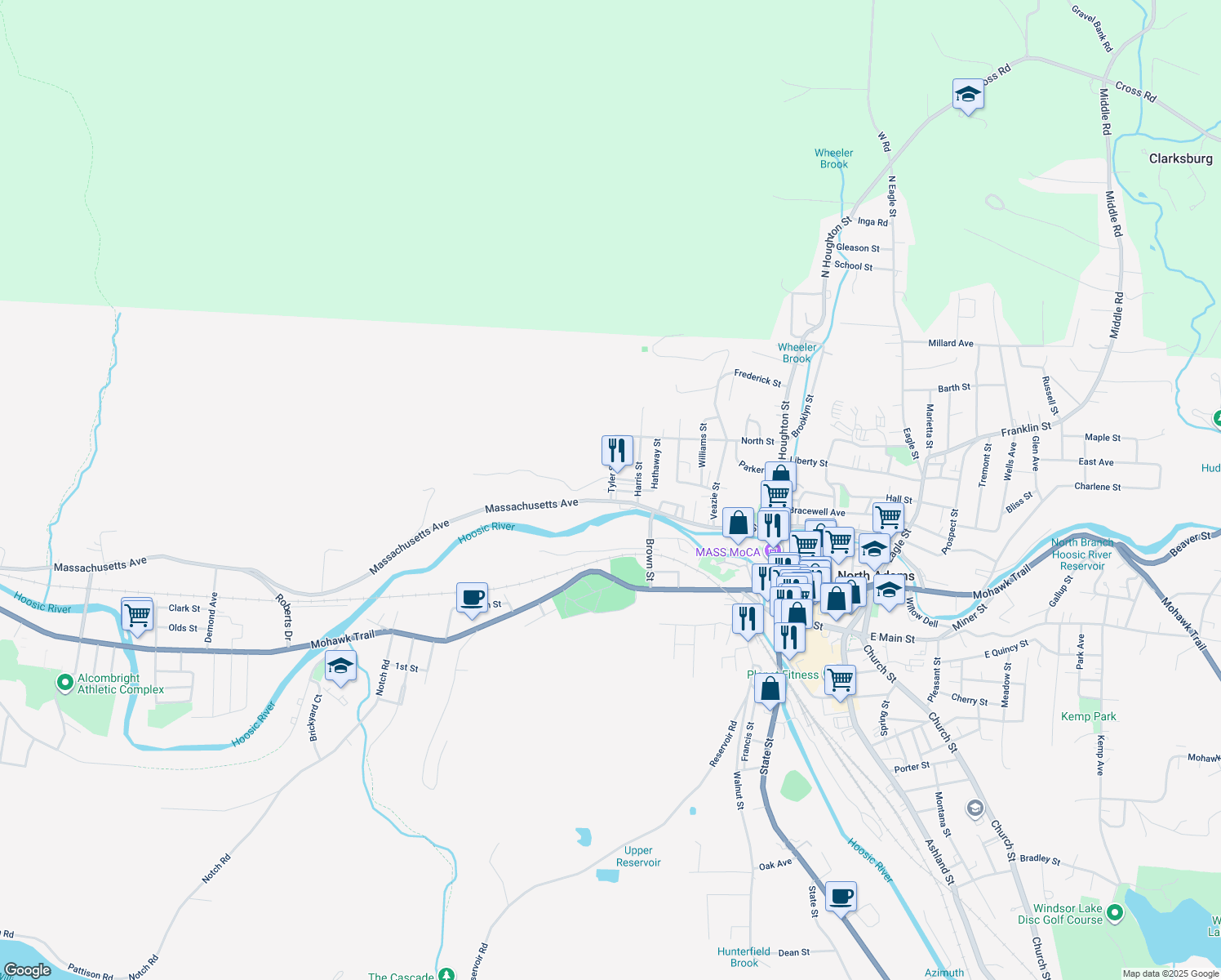 map of restaurants, bars, coffee shops, grocery stores, and more near 18 Adams St in North Adams