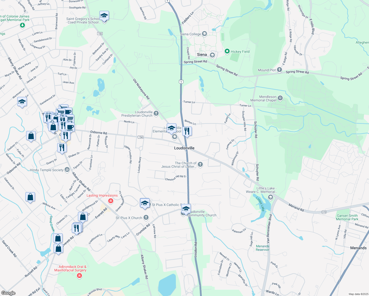 map of restaurants, bars, coffee shops, grocery stores, and more near in Loudonville