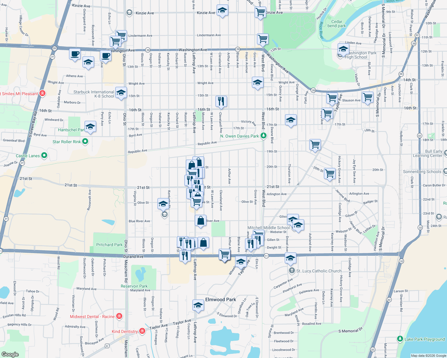 map of restaurants, bars, coffee shops, grocery stores, and more near 2041 Cleveland Avenue in Racine