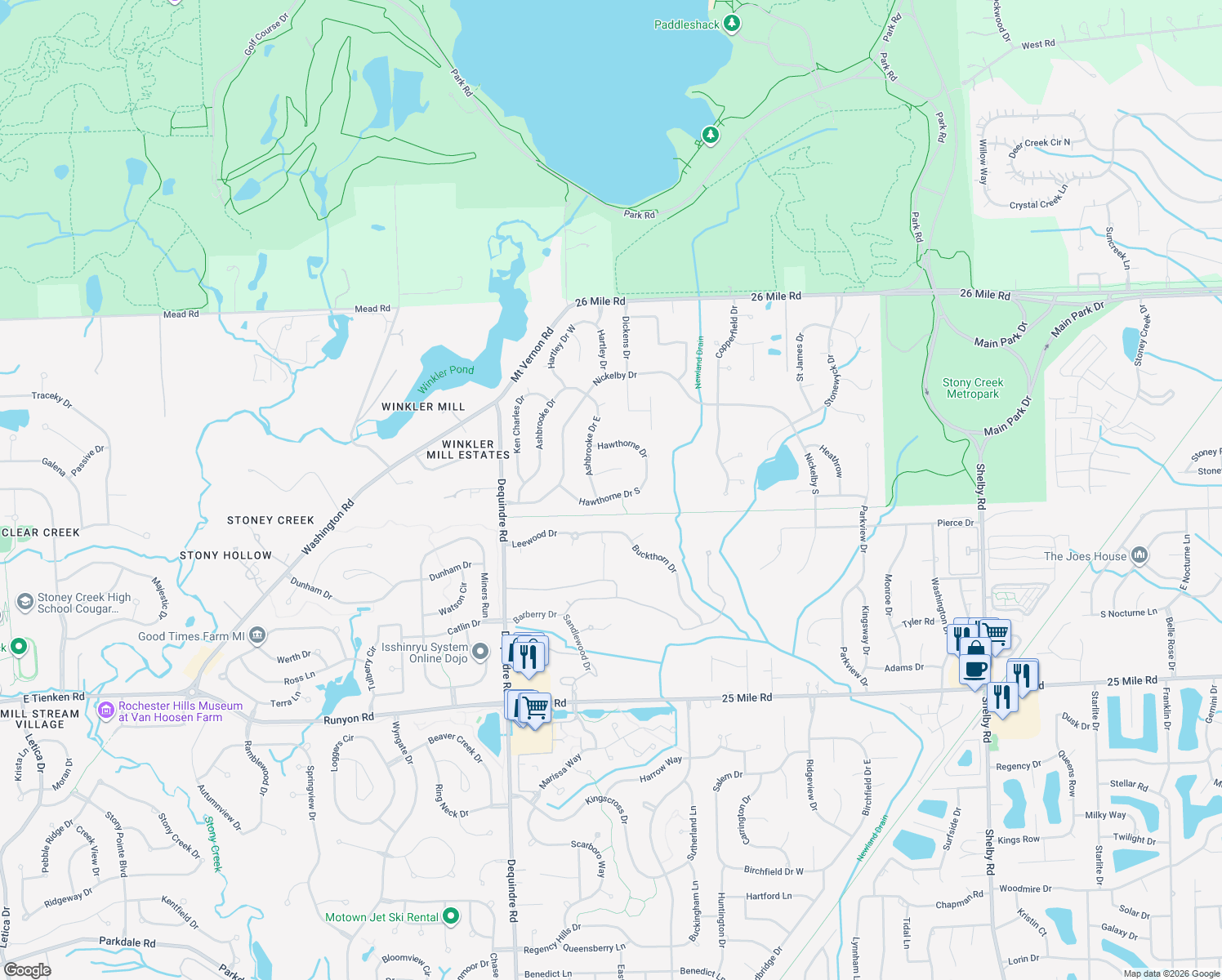 map of restaurants, bars, coffee shops, grocery stores, and more near 2517 Hawthorne Drive South in Shelby Township