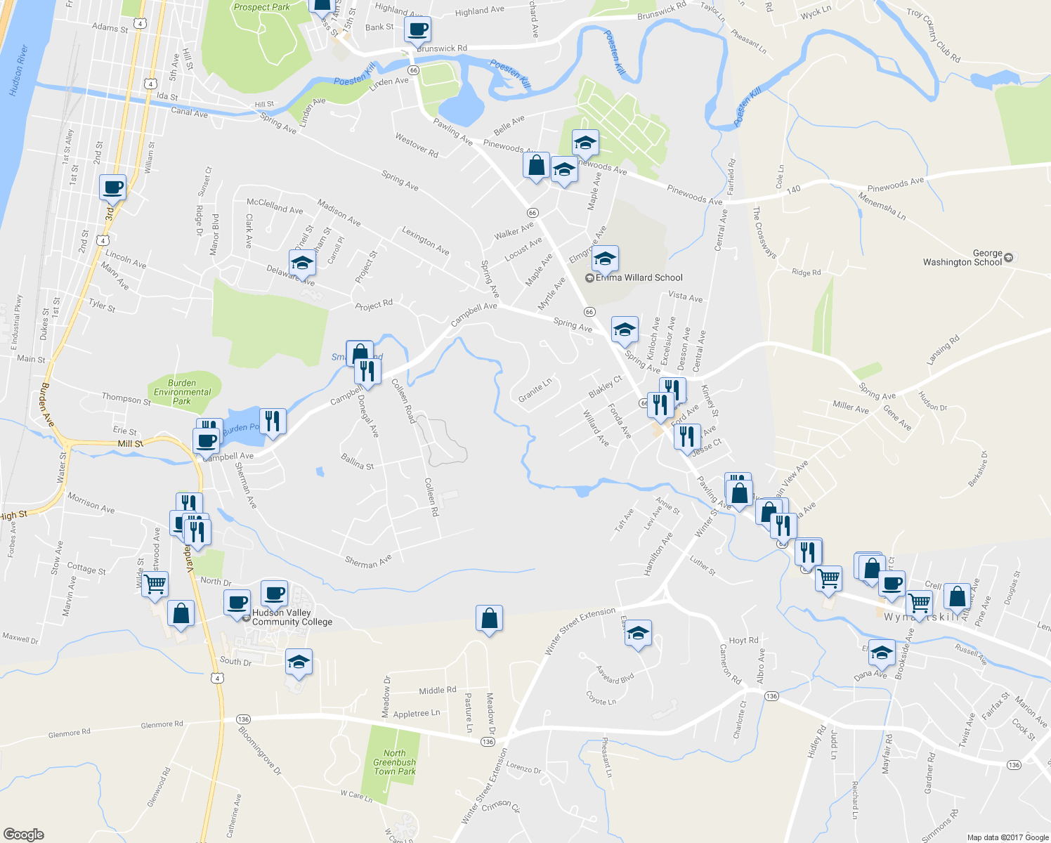 map of restaurants, bars, coffee shops, grocery stores, and more near 78 Wynantskill Way in Troy