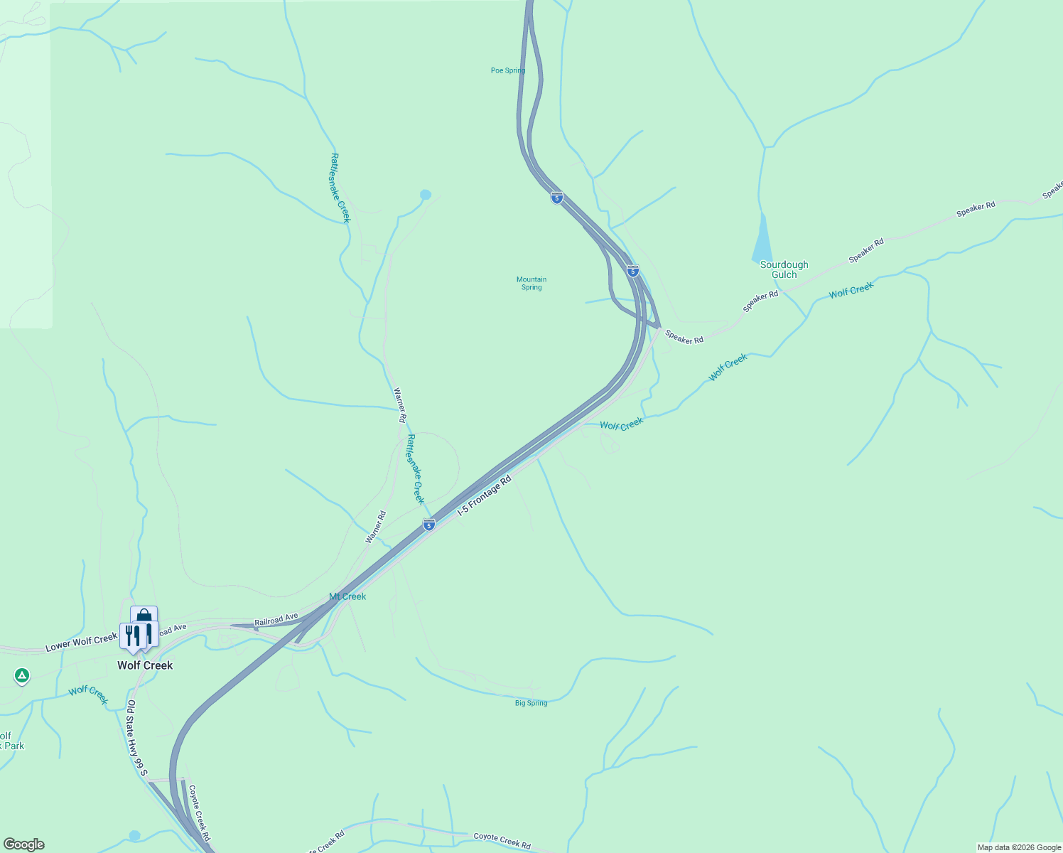 map of restaurants, bars, coffee shops, grocery stores, and more near 416 Warner Road in Wolf Creek