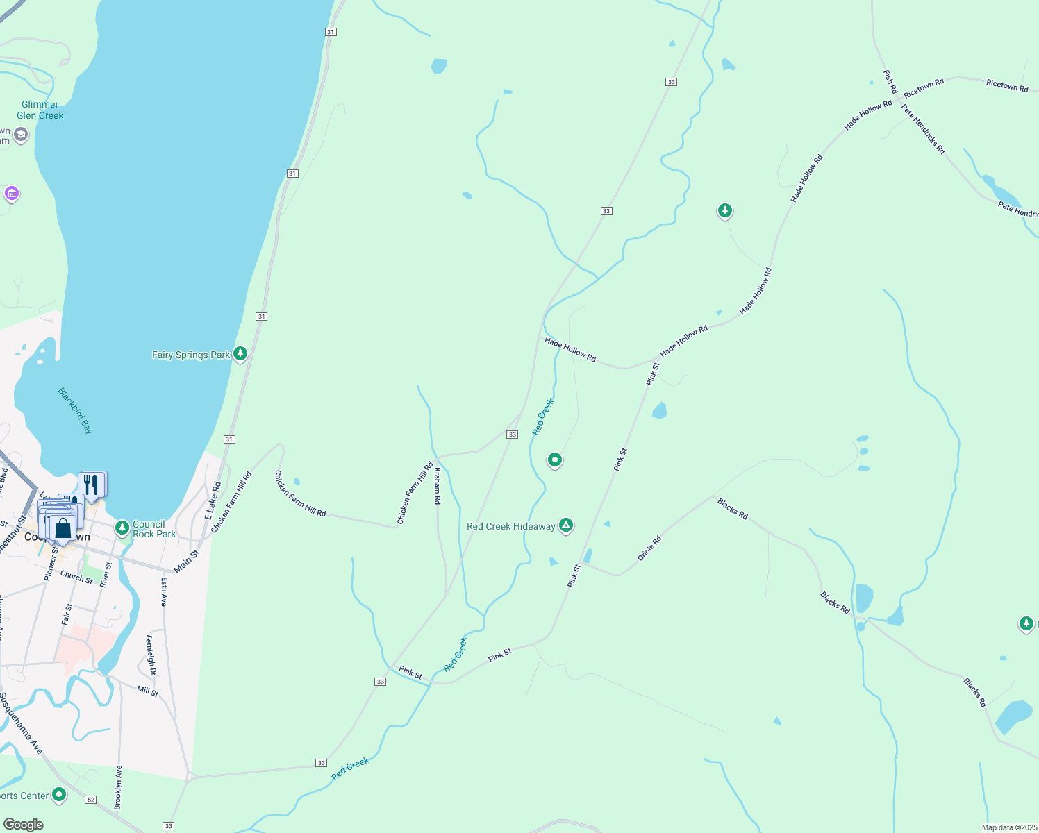 map of restaurants, bars, coffee shops, grocery stores, and more near 2077 County Highway 33 in Cooperstown