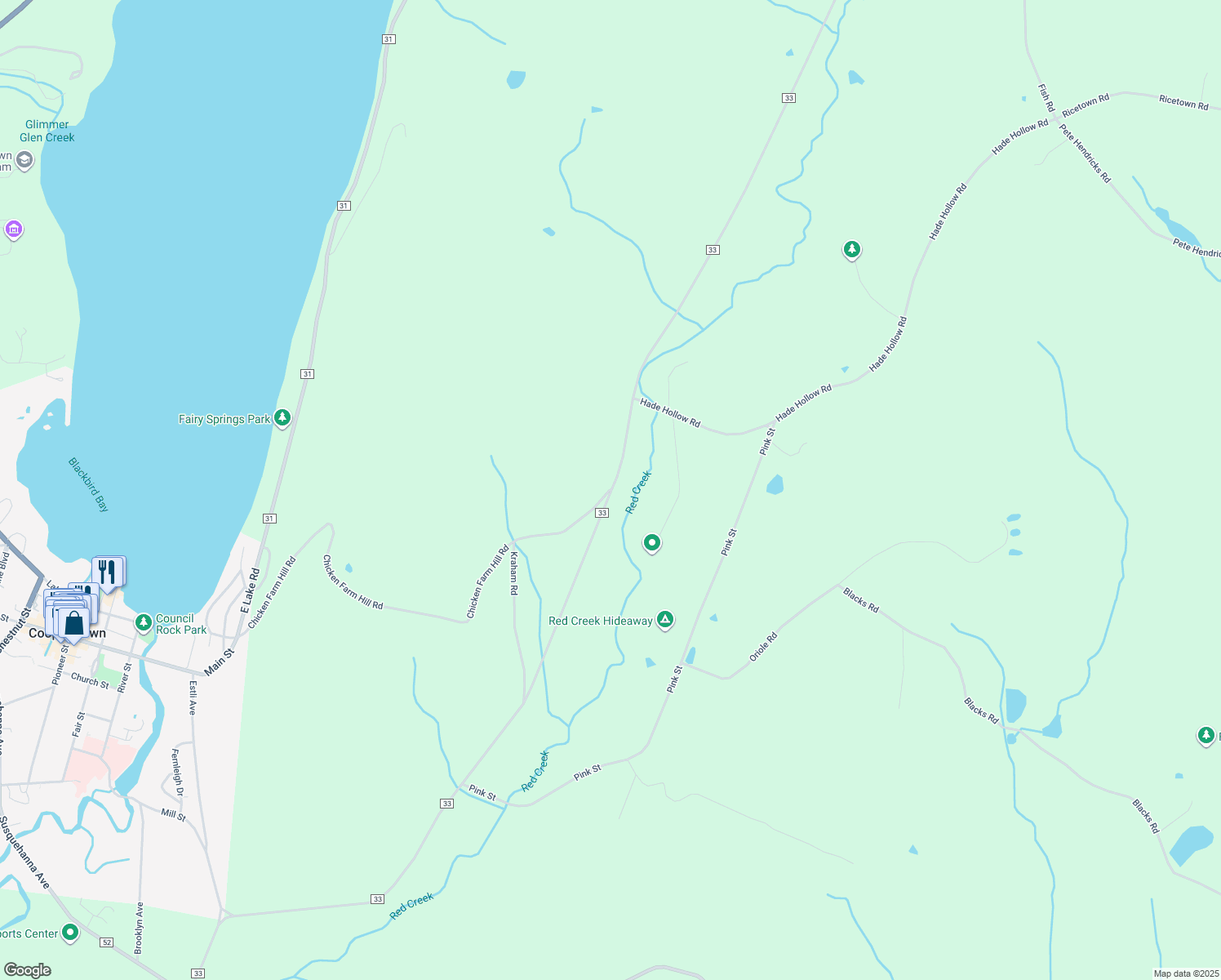 map of restaurants, bars, coffee shops, grocery stores, and more near 134 Kraham Road in Cooperstown