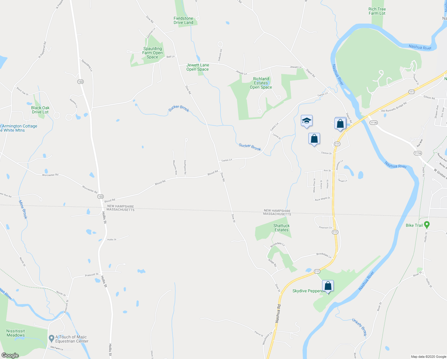 map of restaurants, bars, coffee shops, grocery stores, and more near 200 Dow Road in Hollis