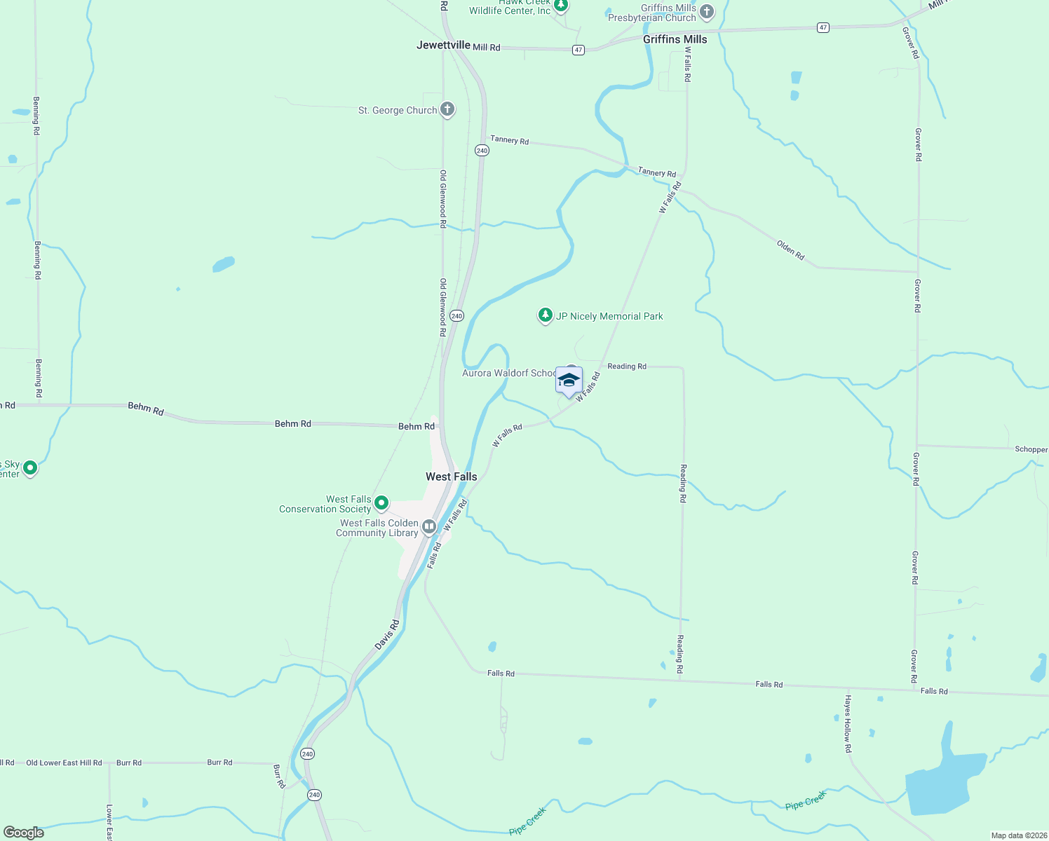 map of restaurants, bars, coffee shops, grocery stores, and more near 595 West Falls Road in West Falls