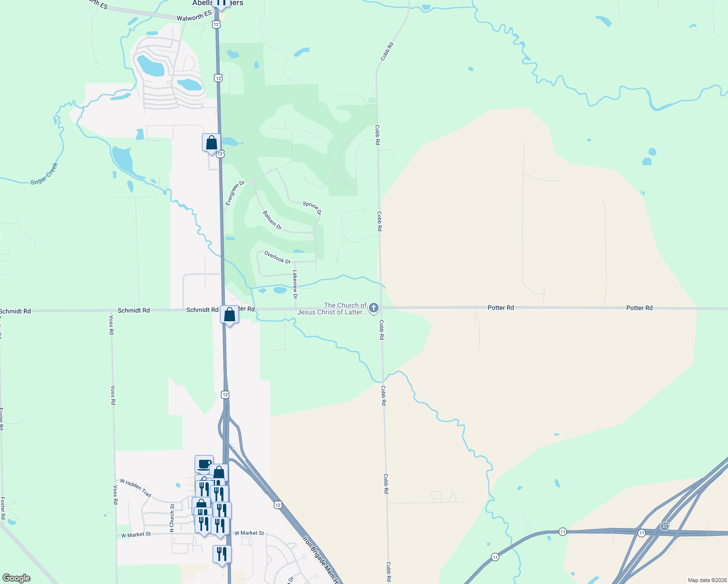 map of restaurants, bars, coffee shops, grocery stores, and more near N5937 Cobb Rd in Elkhorn