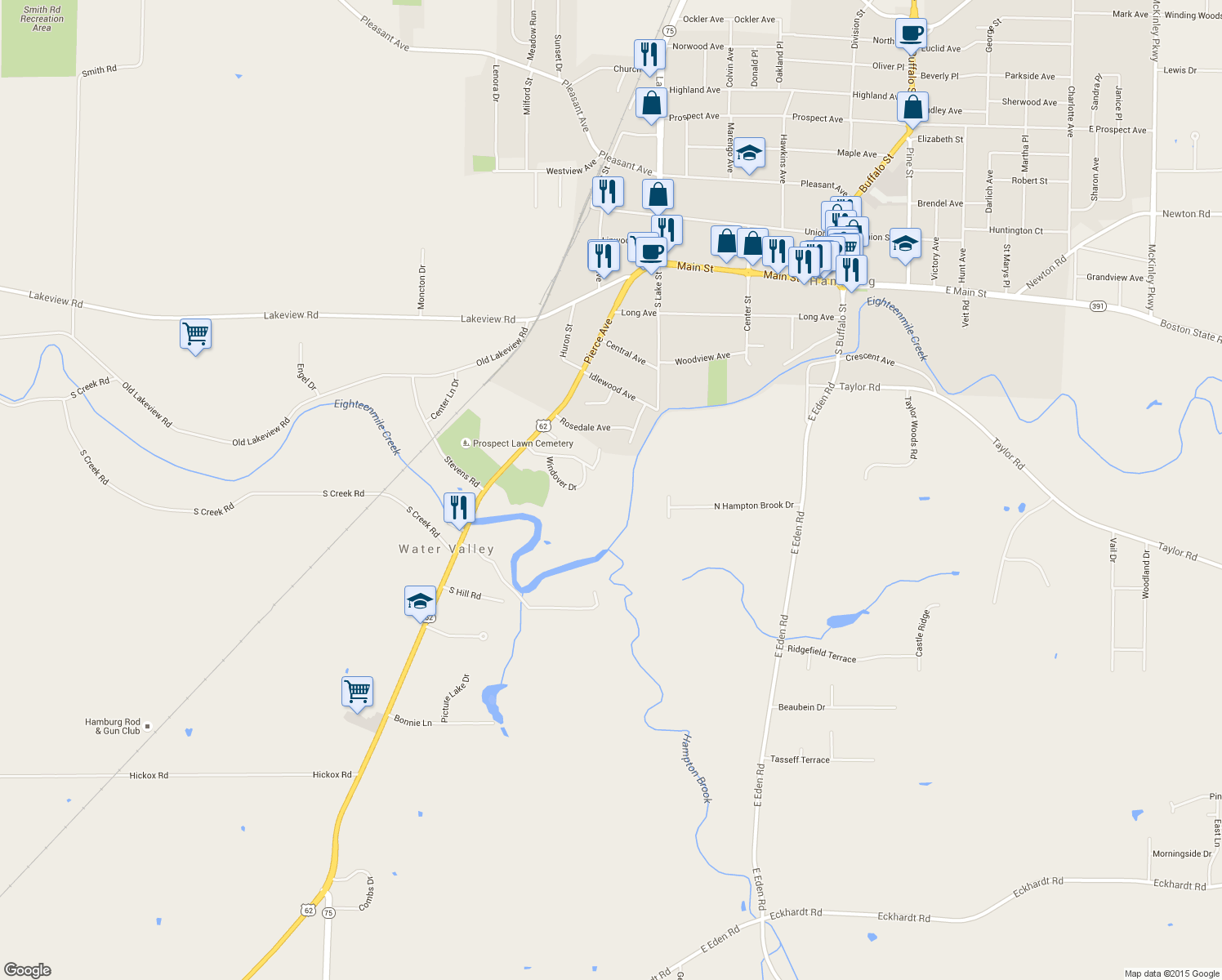 map of restaurants, bars, coffee shops, grocery stores, and more near 3799 Windover Dr in Hamburg