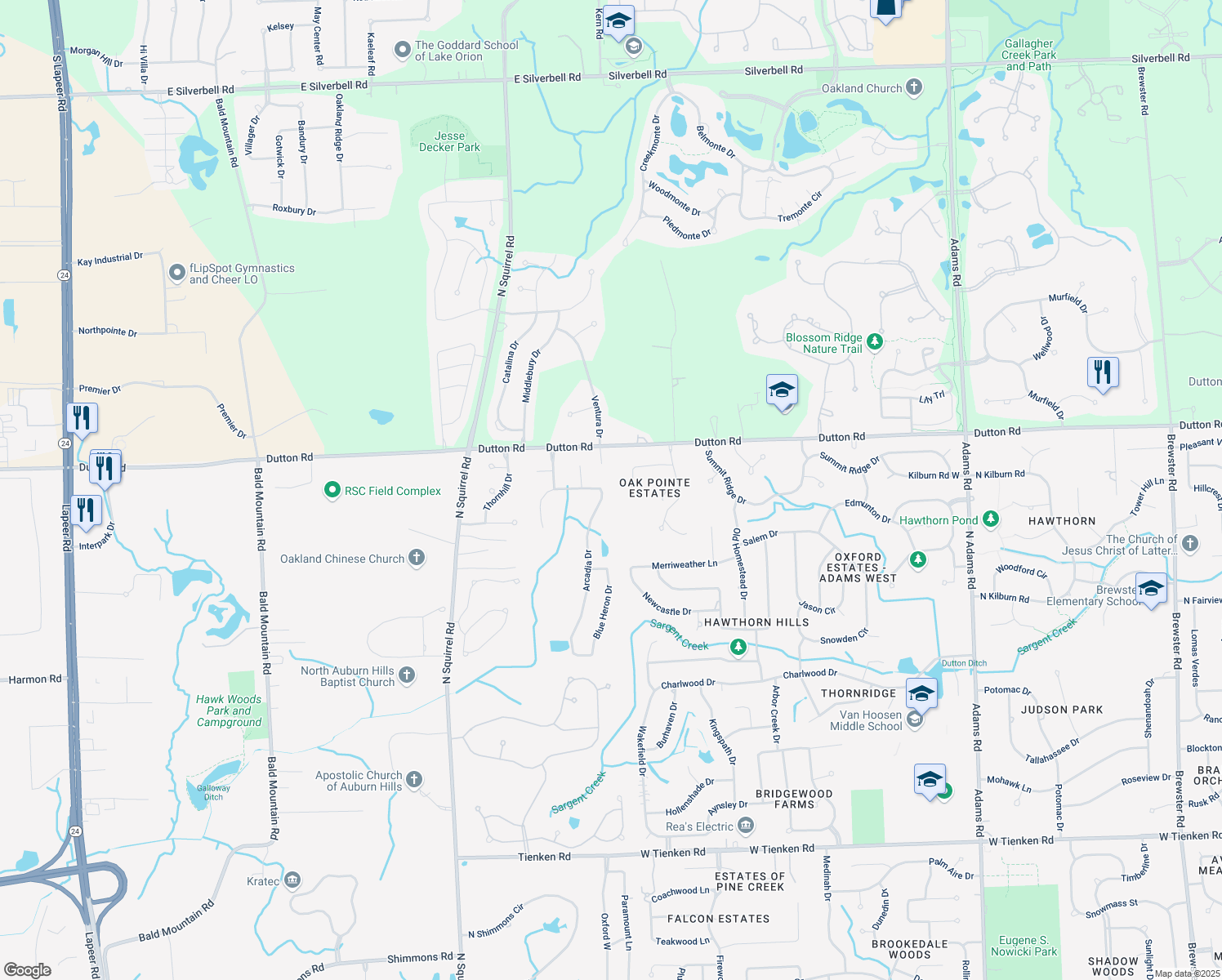 map of restaurants, bars, coffee shops, grocery stores, and more near 4386 Arcadia Drive in Auburn Hills