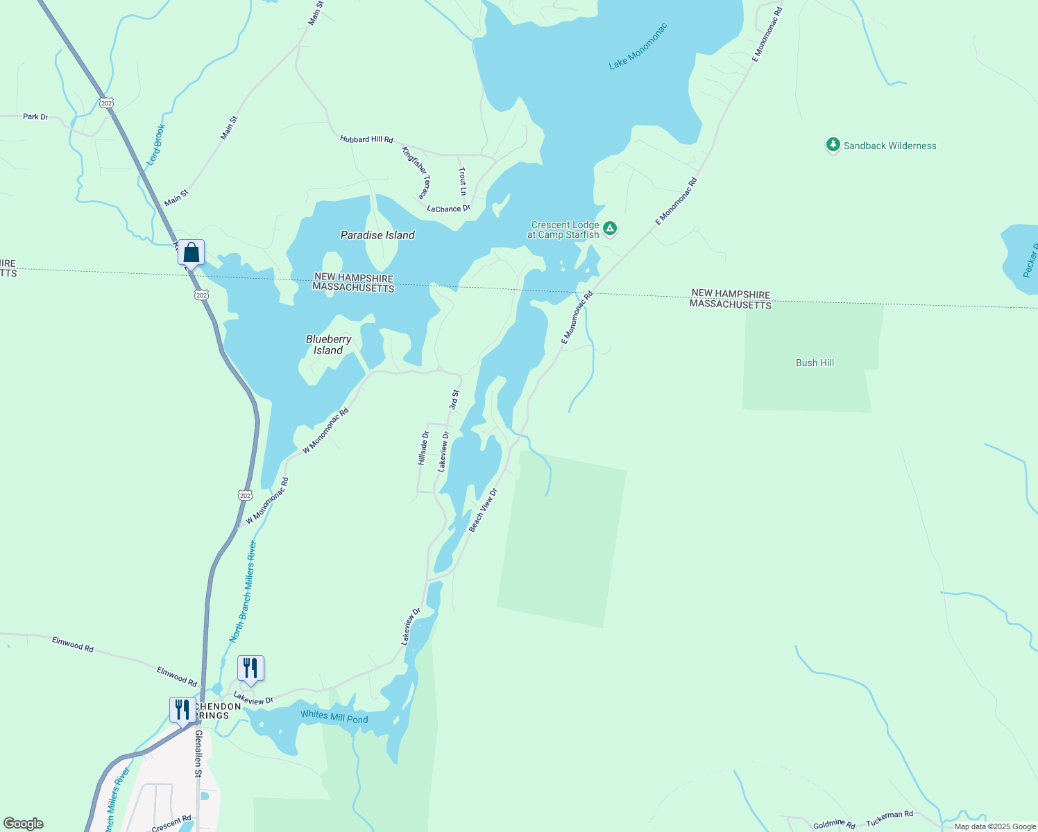 map of restaurants, bars, coffee shops, grocery stores, and more near 56 East Monomonac Road in Winchendon