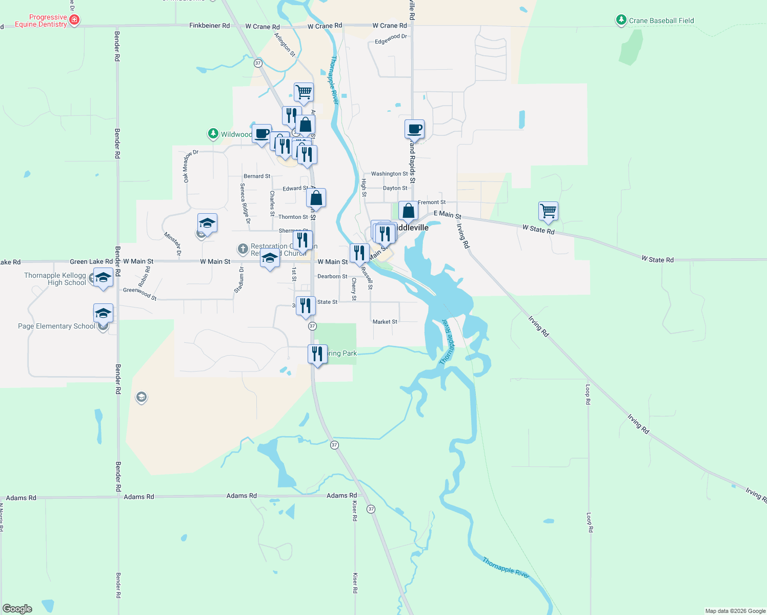 map of restaurants, bars, coffee shops, grocery stores, and more near 41 State Street in Middleville