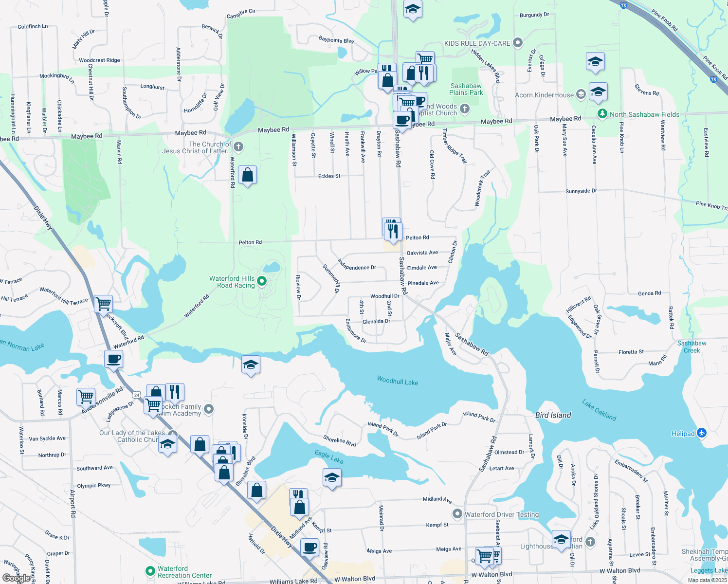 map of restaurants, bars, coffee shops, grocery stores, and more near 4650 Woodhull Dr in Clarkston