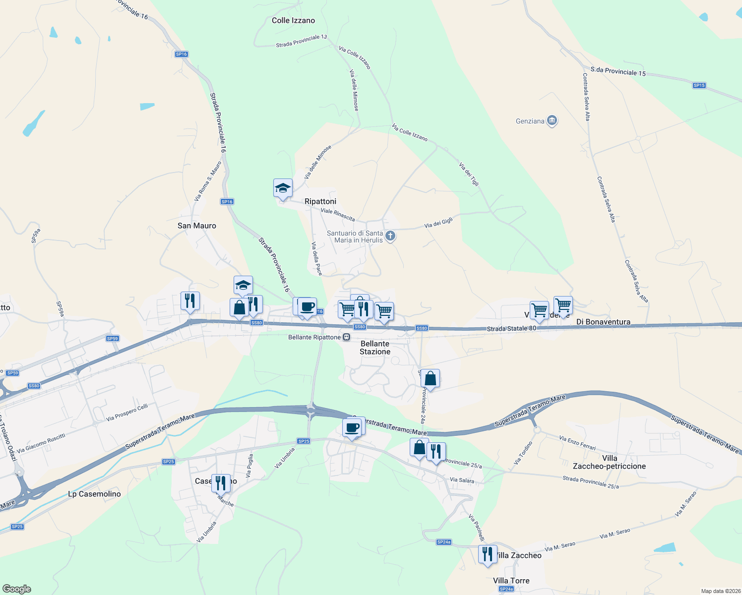map of restaurants, bars, coffee shops, grocery stores, and more near 23 Via San D'Acquisto in Bellante Stazione