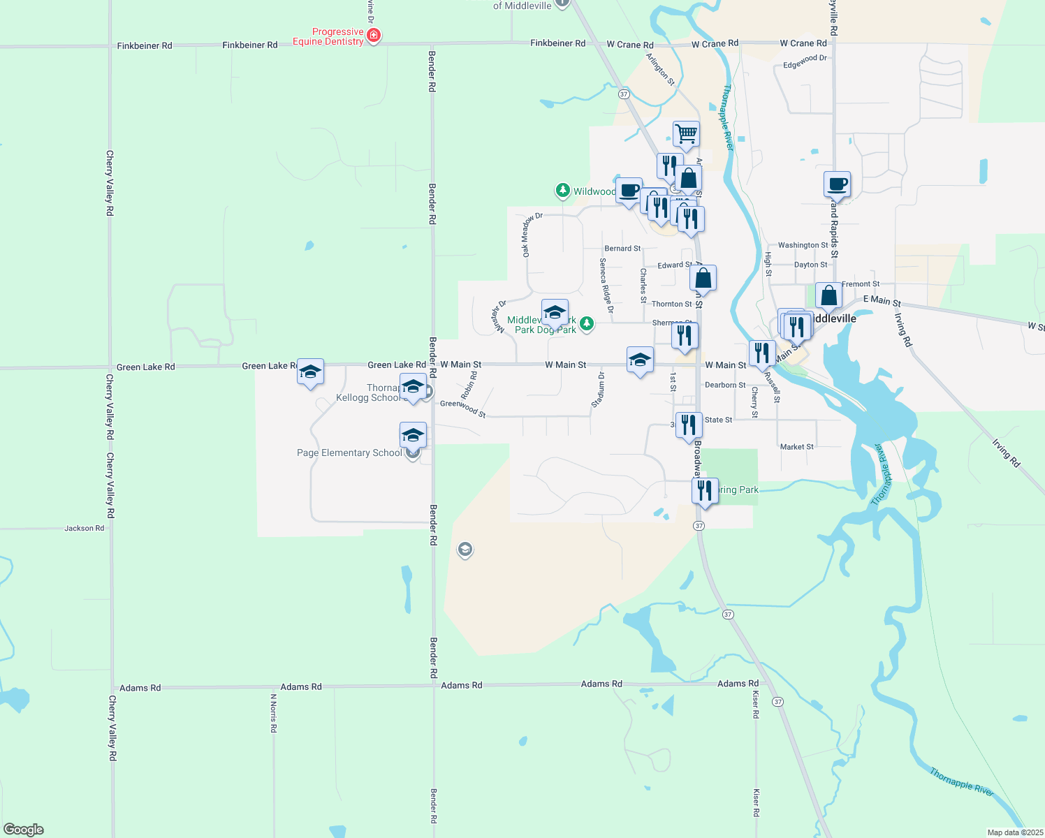 map of restaurants, bars, coffee shops, grocery stores, and more near 311 Whippoorwill Court in Middleville