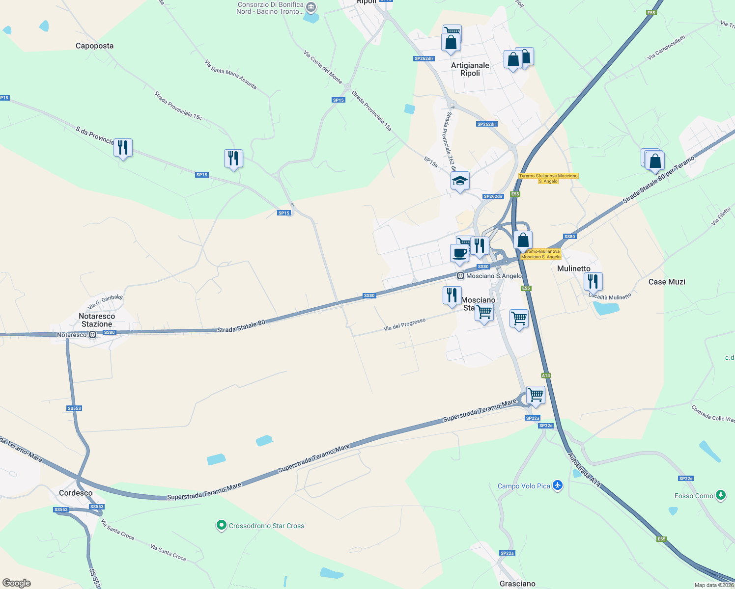 map of restaurants, bars, coffee shops, grocery stores, and more near 44 Strada Statale 80 in Mosciano Stazione
