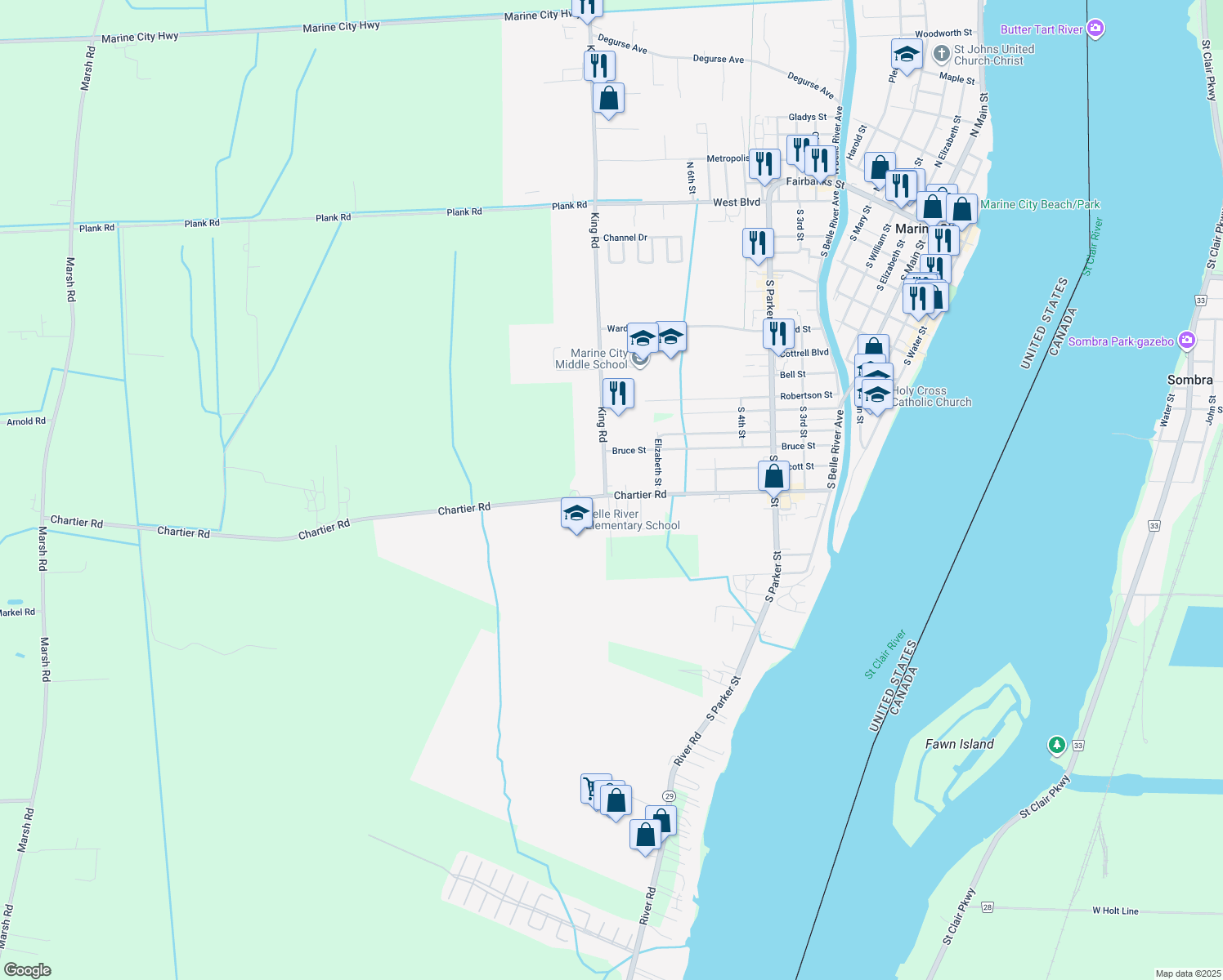 map of restaurants, bars, coffee shops, grocery stores, and more near 1388 Chartier Road in Marine City