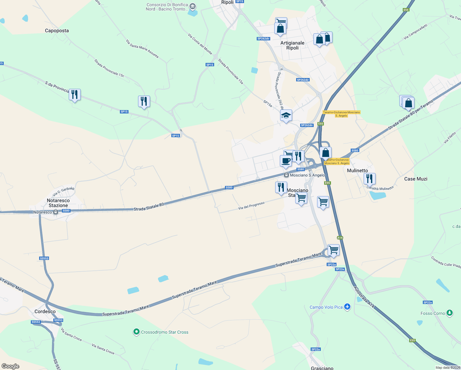 map of restaurants, bars, coffee shops, grocery stores, and more near 44 SS80 in Mosciano Stazione
