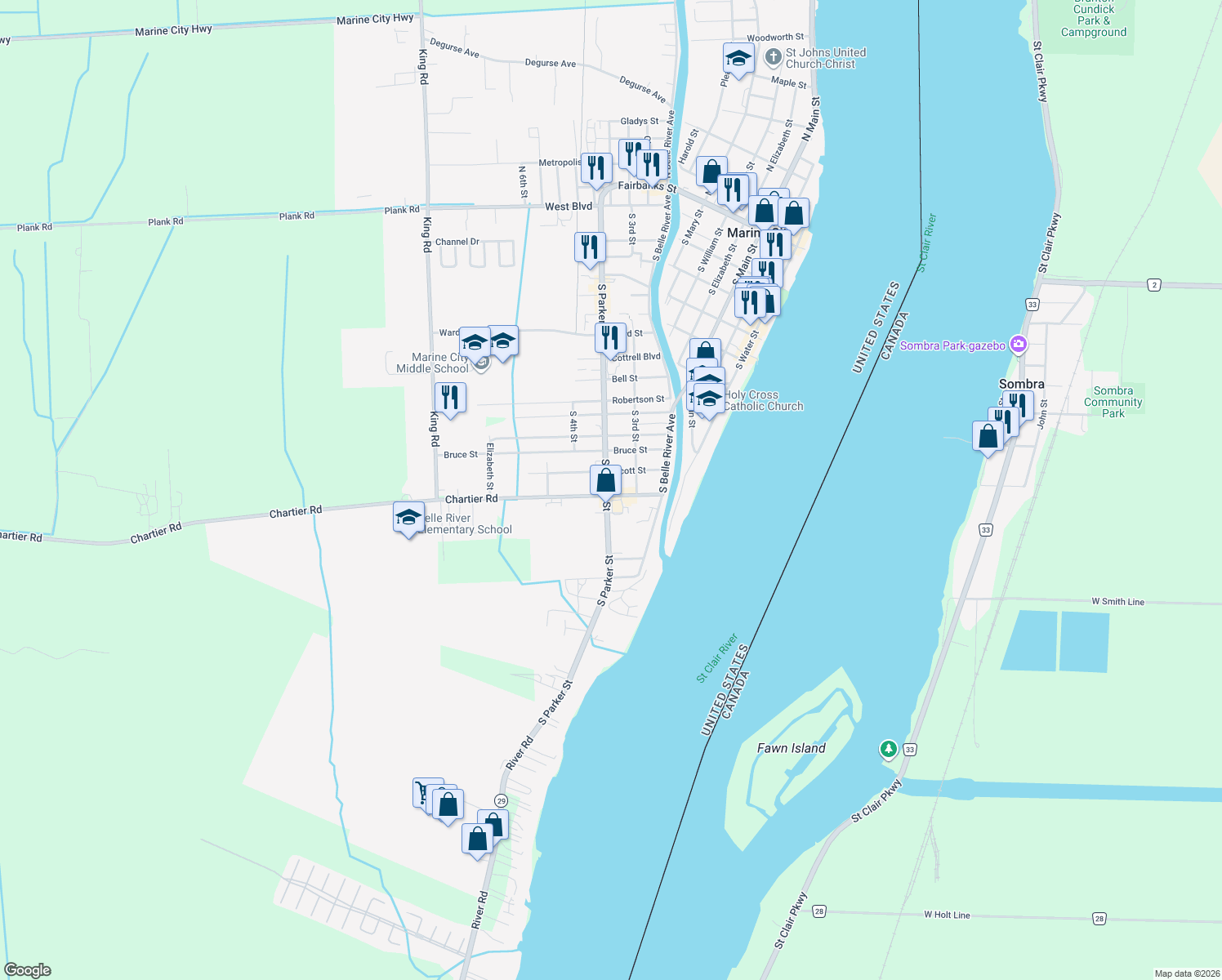 map of restaurants, bars, coffee shops, grocery stores, and more near 1119 South Parker Street in Marine City