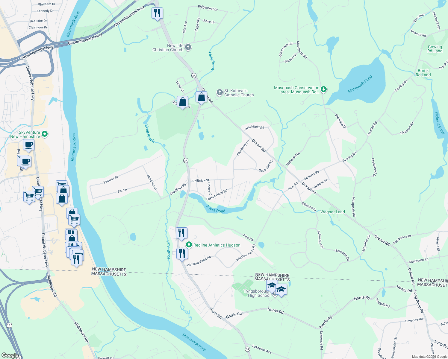 map of restaurants, bars, coffee shops, grocery stores, and more near 21 Philbrick Street in Hudson
