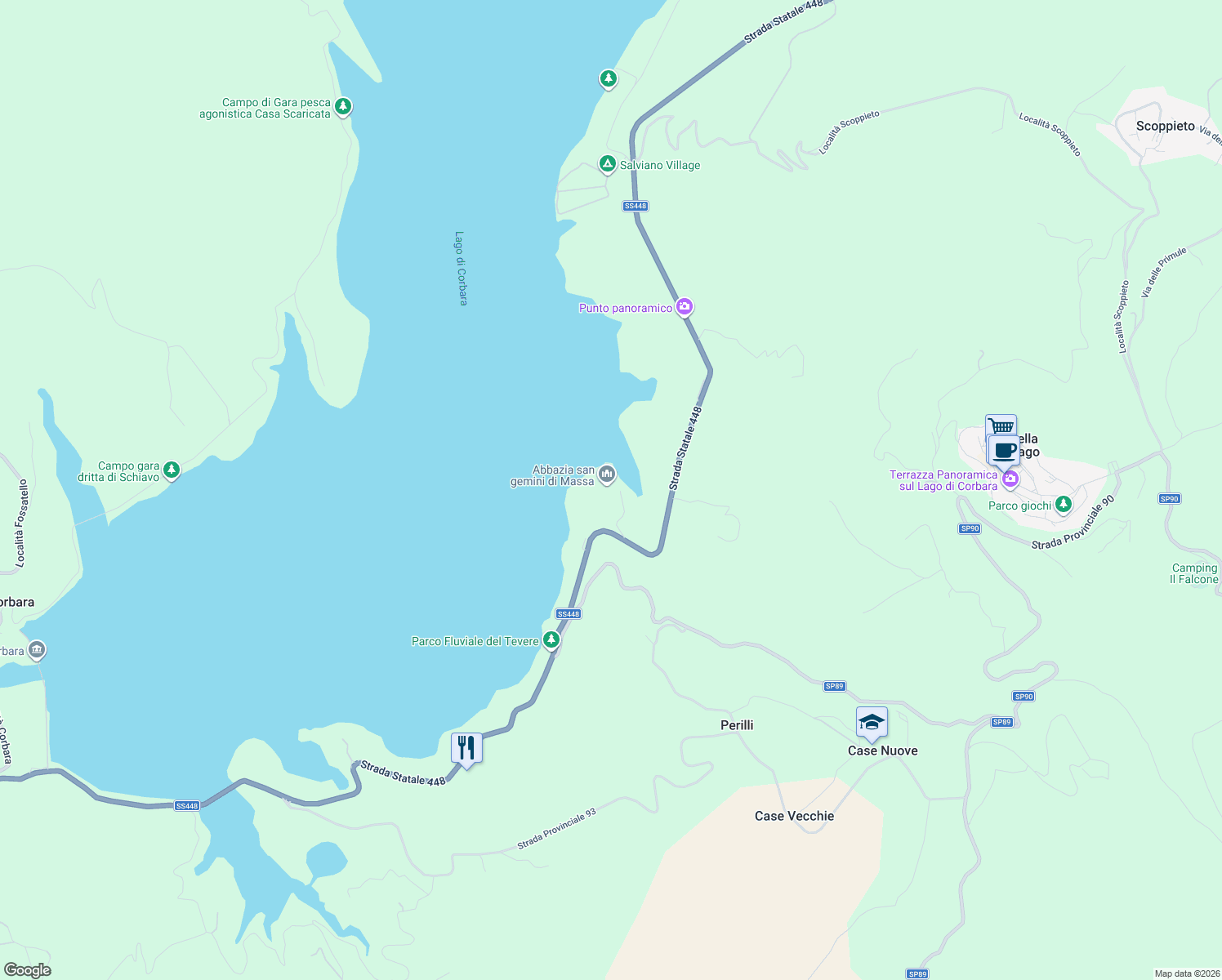 map of restaurants, bars, coffee shops, grocery stores, and more near 79 SS448 in Provincia di Terni