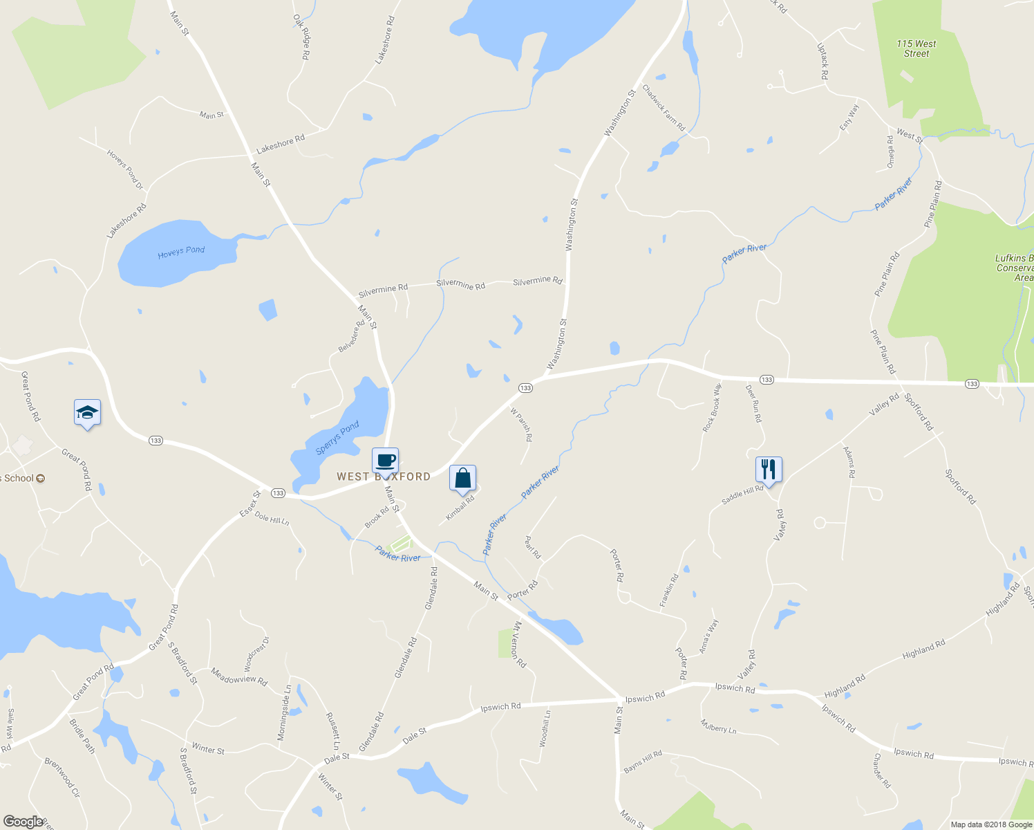 map of restaurants, bars, coffee shops, grocery stores, and more near 22 West Parish Road in Boxford
