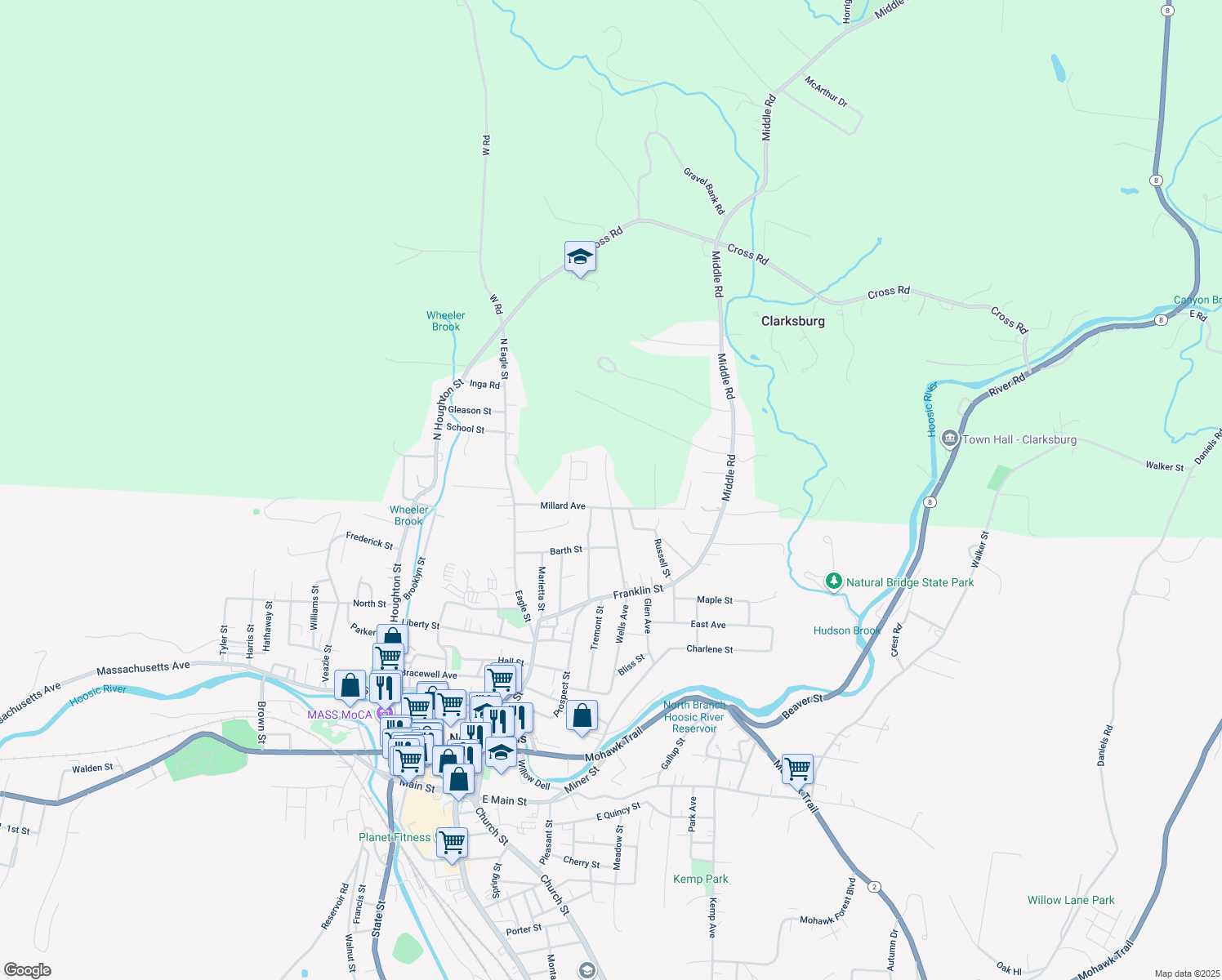 map of restaurants, bars, coffee shops, grocery stores, and more near 330 Wells Ave in North Adams